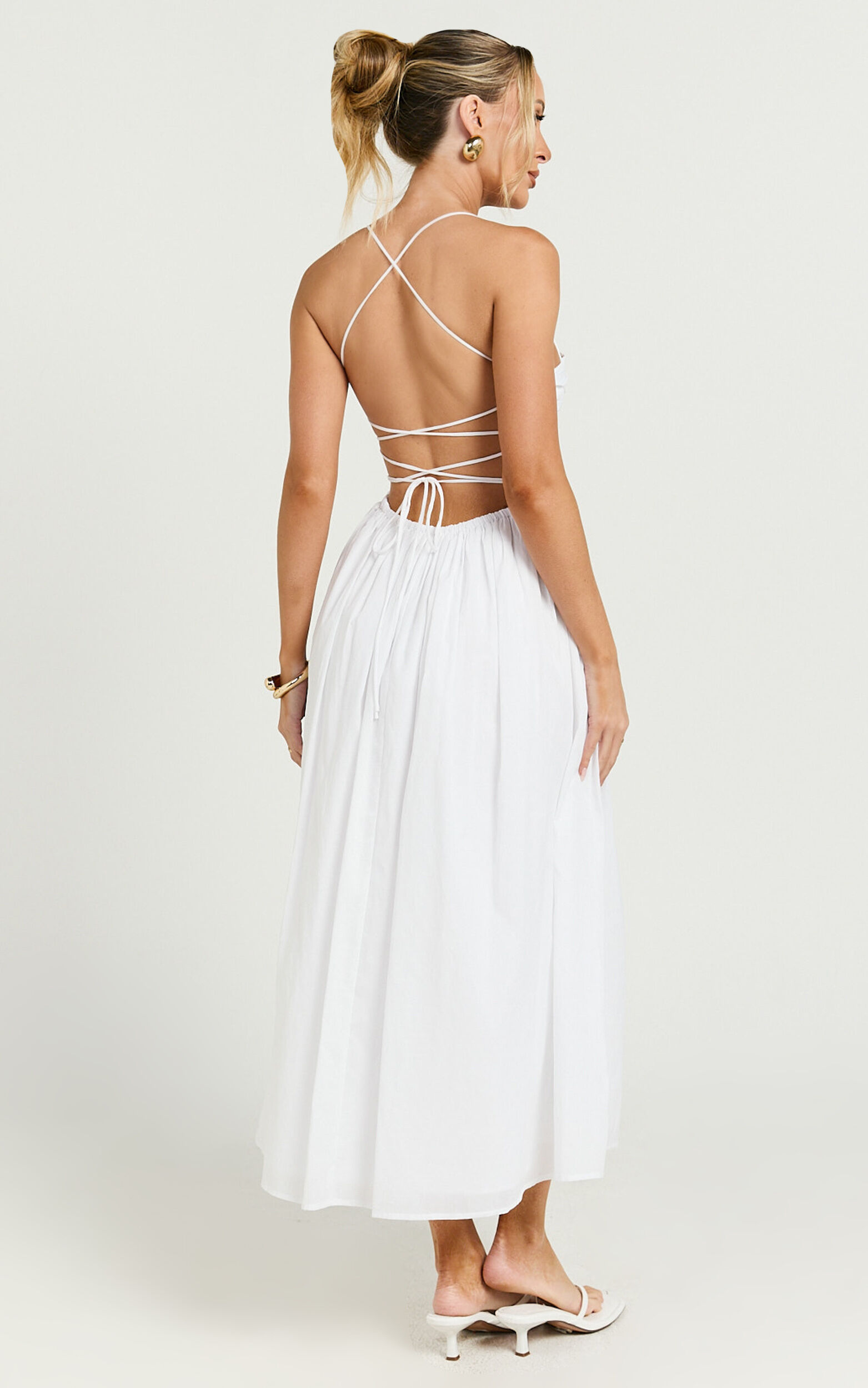 Caroline Midi Dress - Strapped Ruched Bodice Gathered Skirt Dress in White