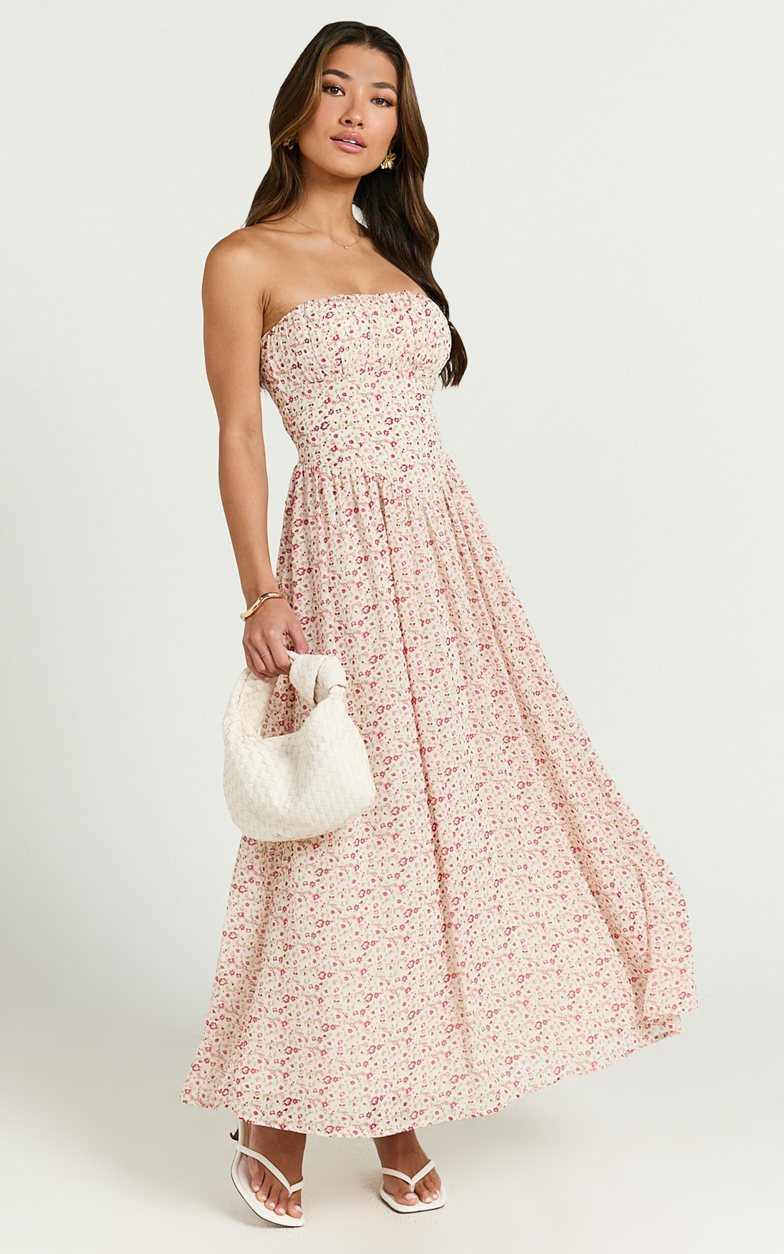 Amie Midi Dress - Strapless Full Skirt Midi Dress in Rosy Floral