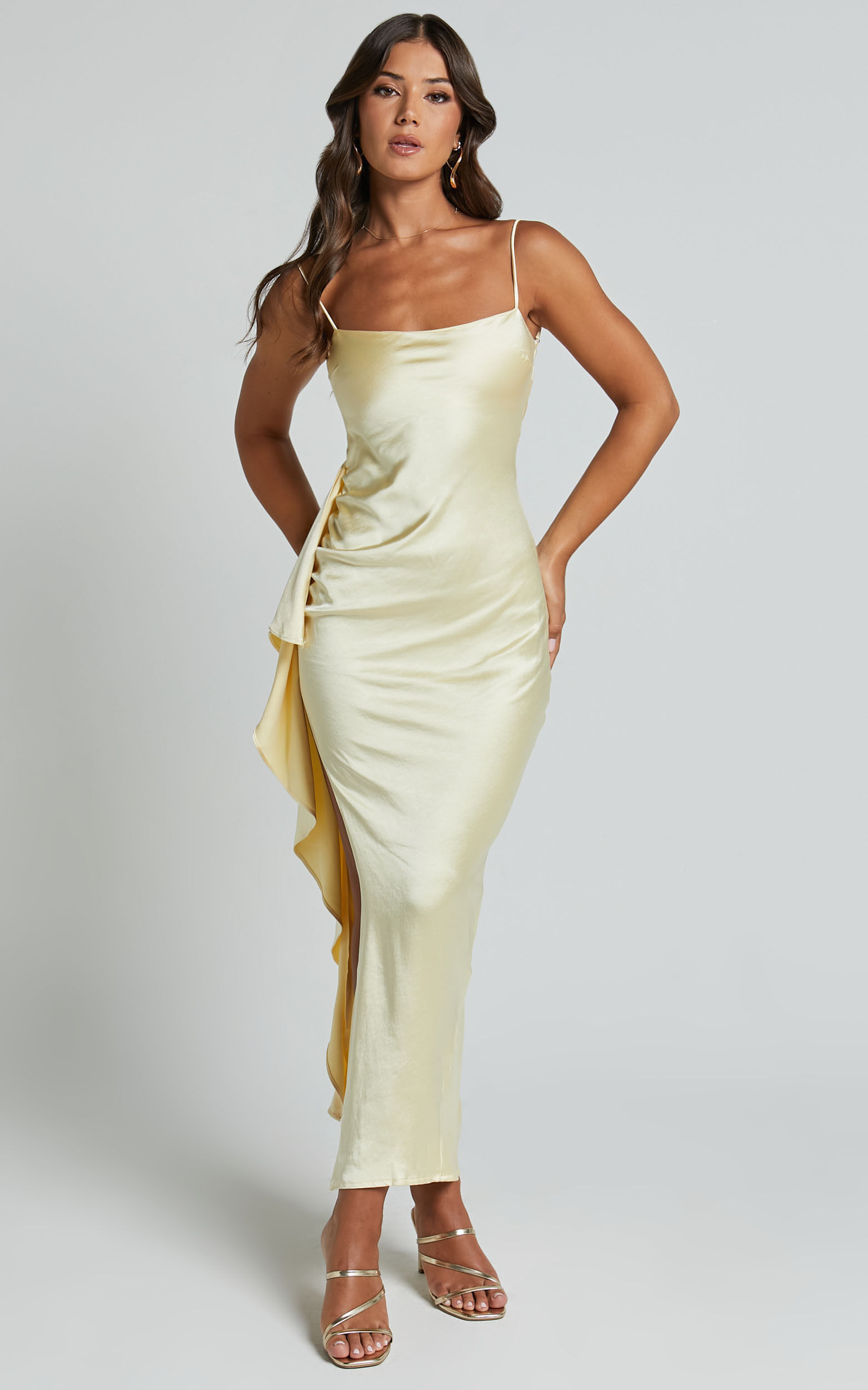 Carolina Maxi Dress - Frill Detail Satin Square Neck Dress in Lemon