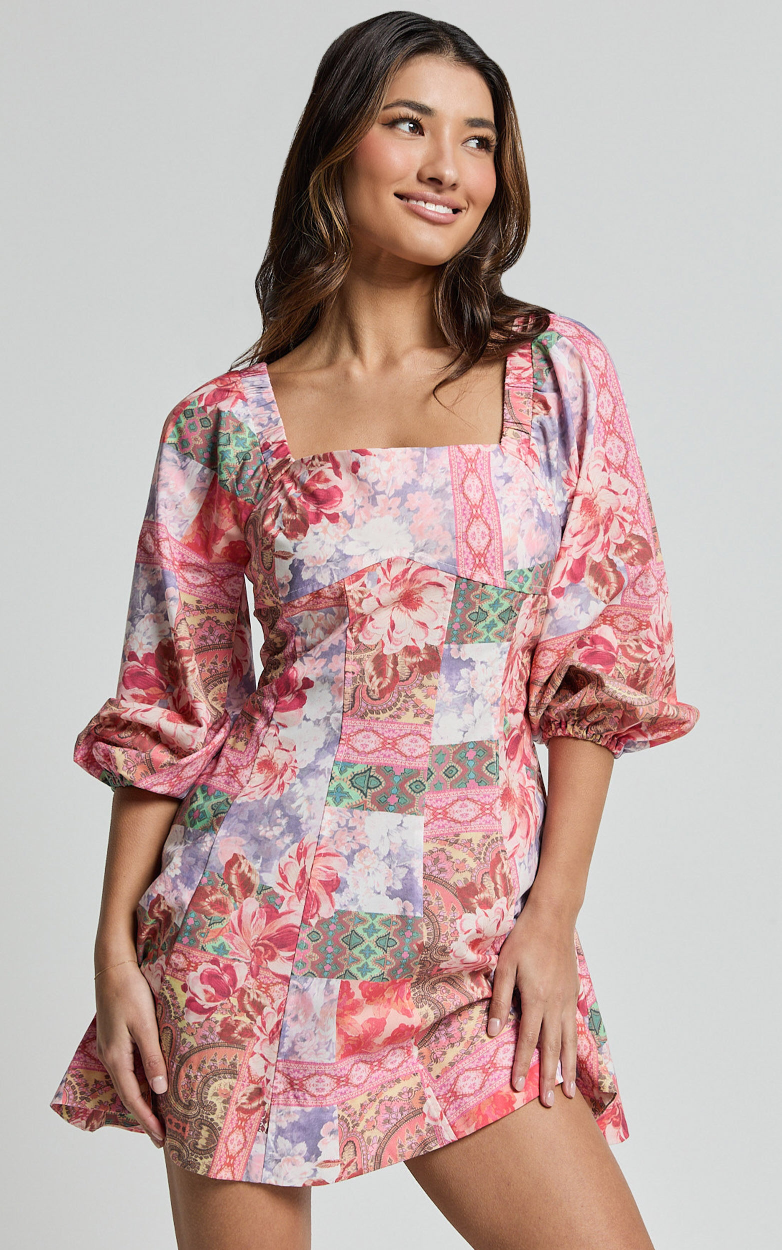 Enya Mini Dress - Puff Sleeve Empire Waist Dress in Floral Mosaic Print