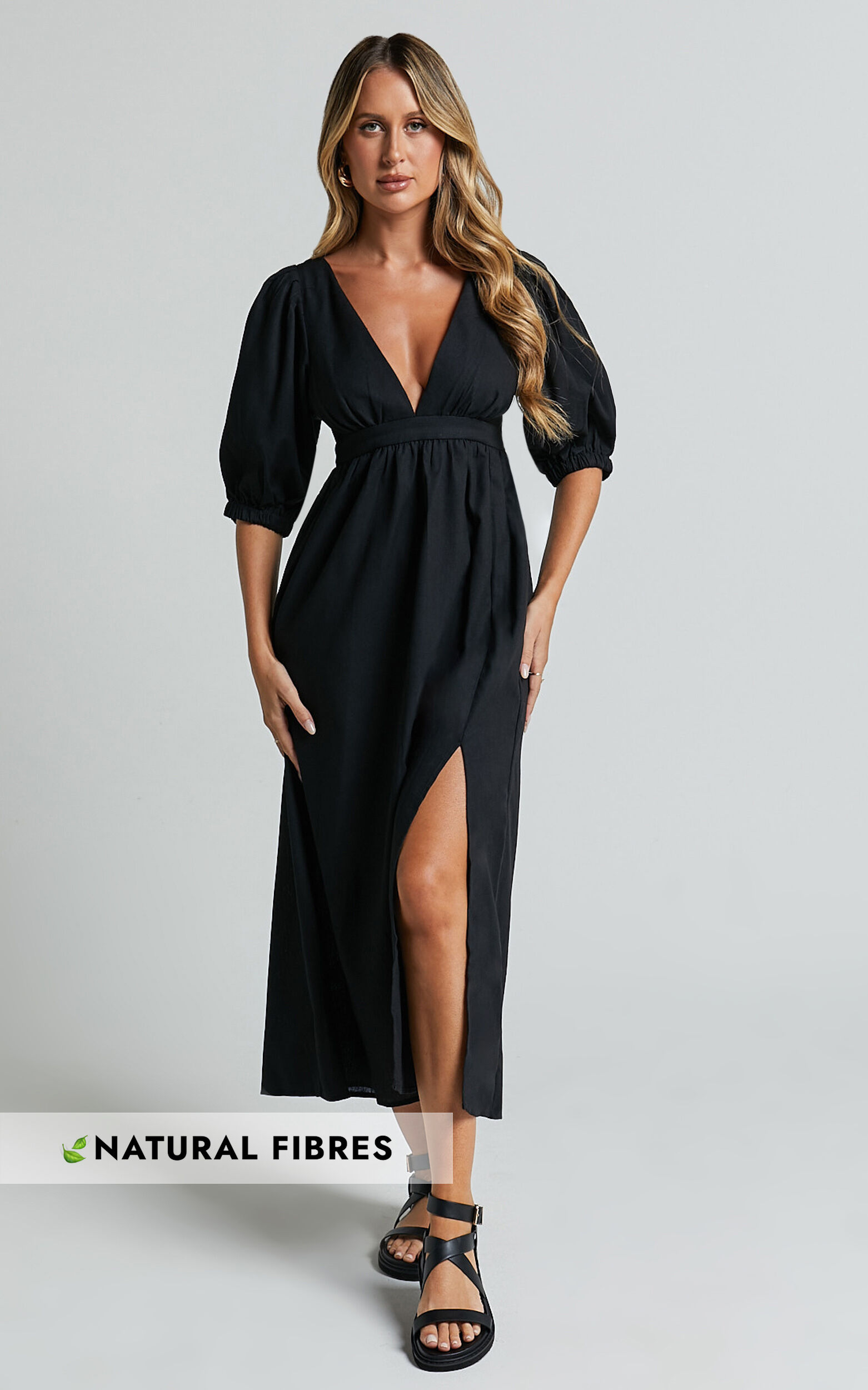 Eidie Midi Dress - Linen Puff Sleeve Open Tie Back Flare Dress in Black