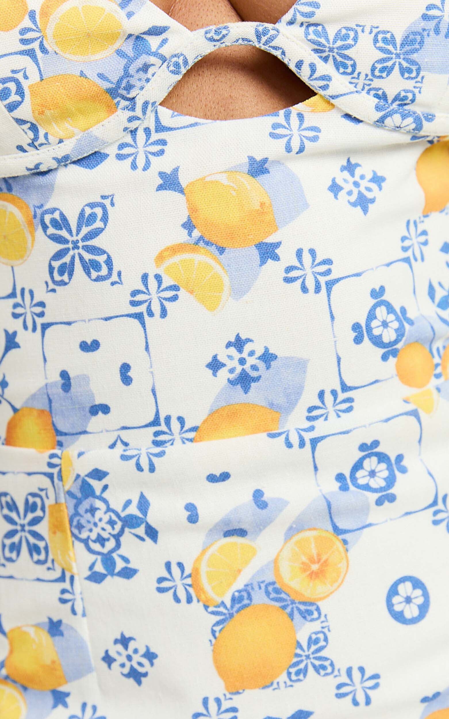 Frances Mini Linen Dress - Ruched Lace Up Back Dress in LIMENCELLO TILE