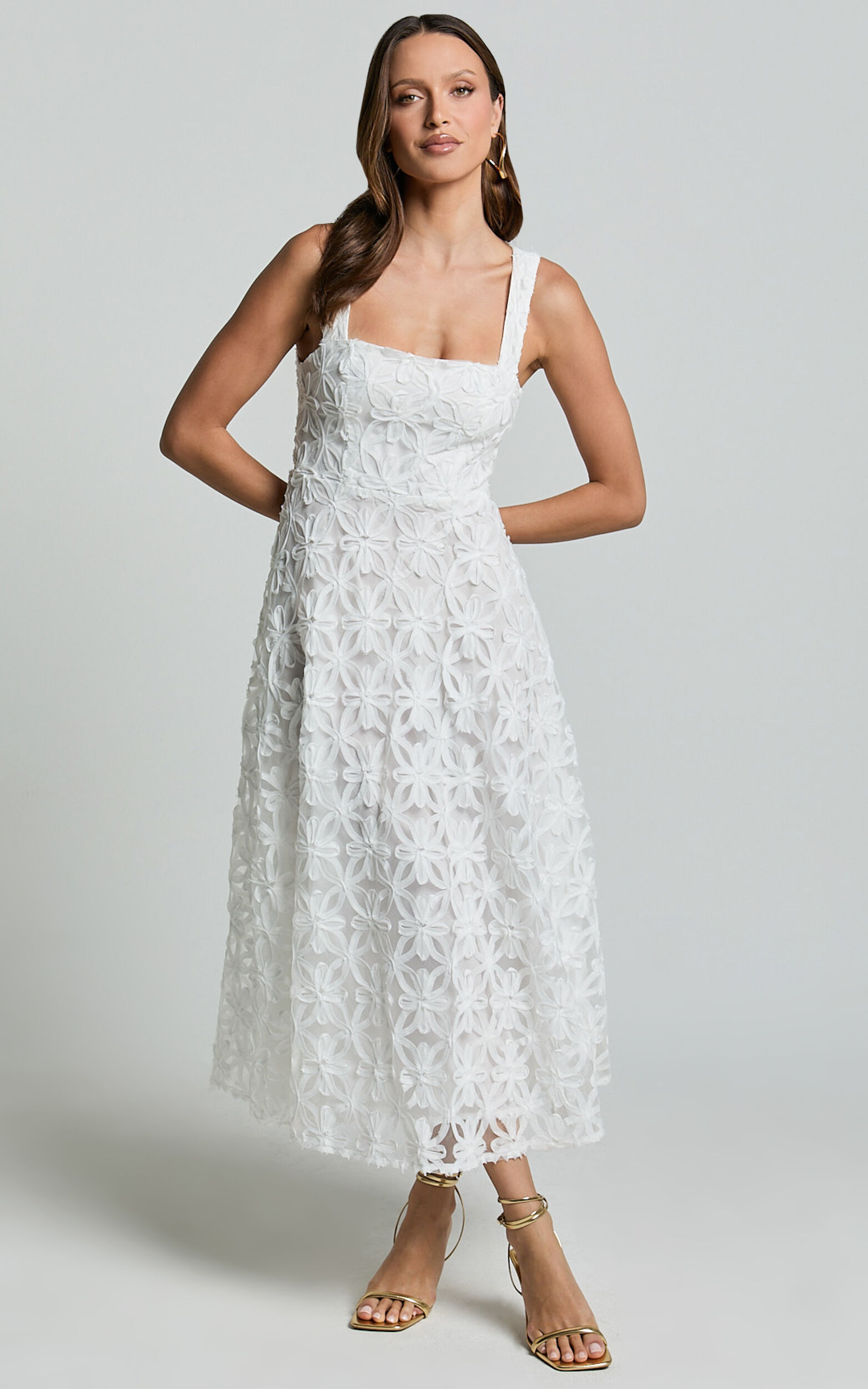 Clarissa Midi Dress - Square Neck Open Back A Line Dress in White