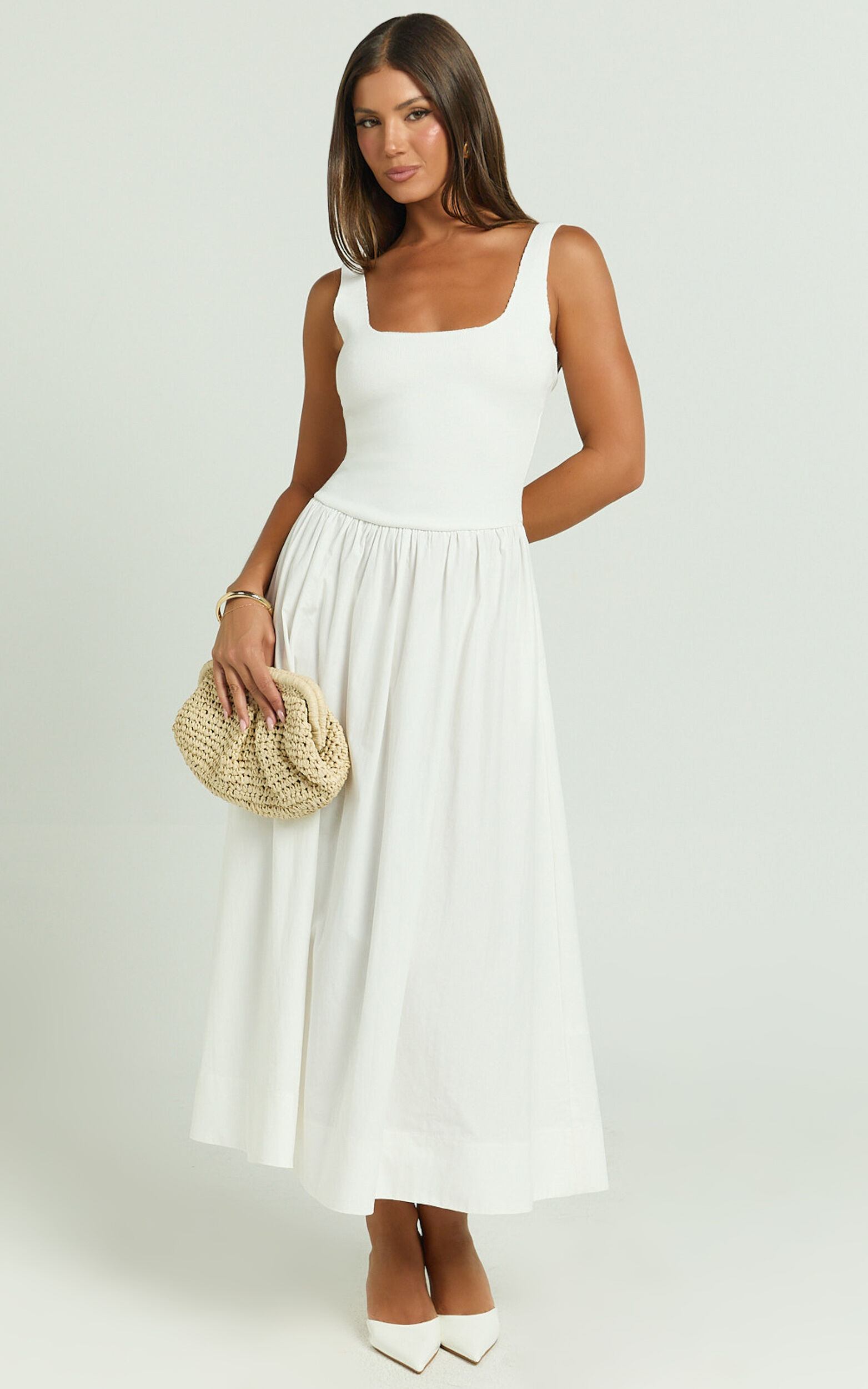 Murphy Midi Dress - Scoop Neck Straight Drop Waist Gathered Skirt Knit And Poplin Dress in White