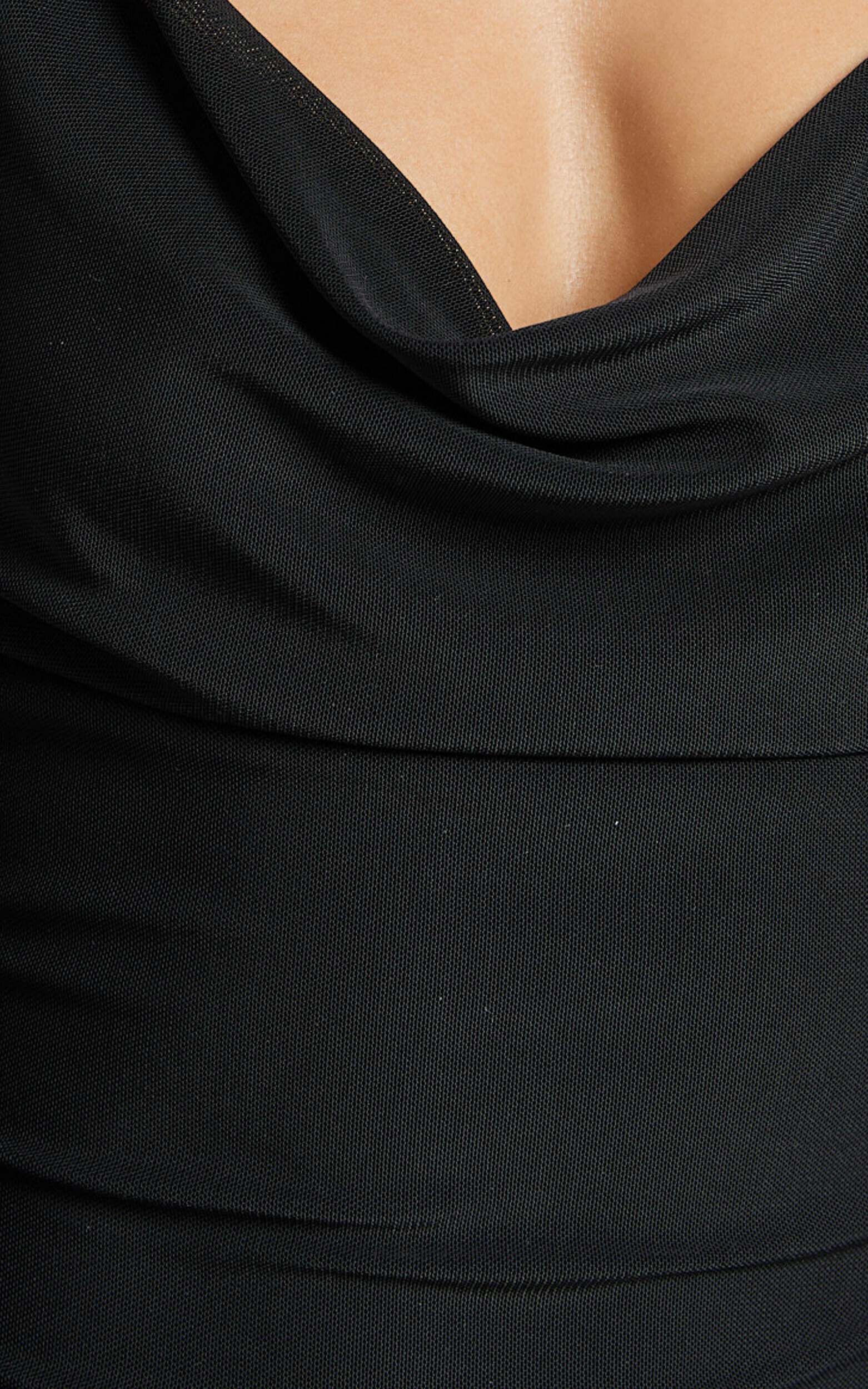 Stephie Maxi Dress - Cowl Neck Low Back Mesh Dress in Black