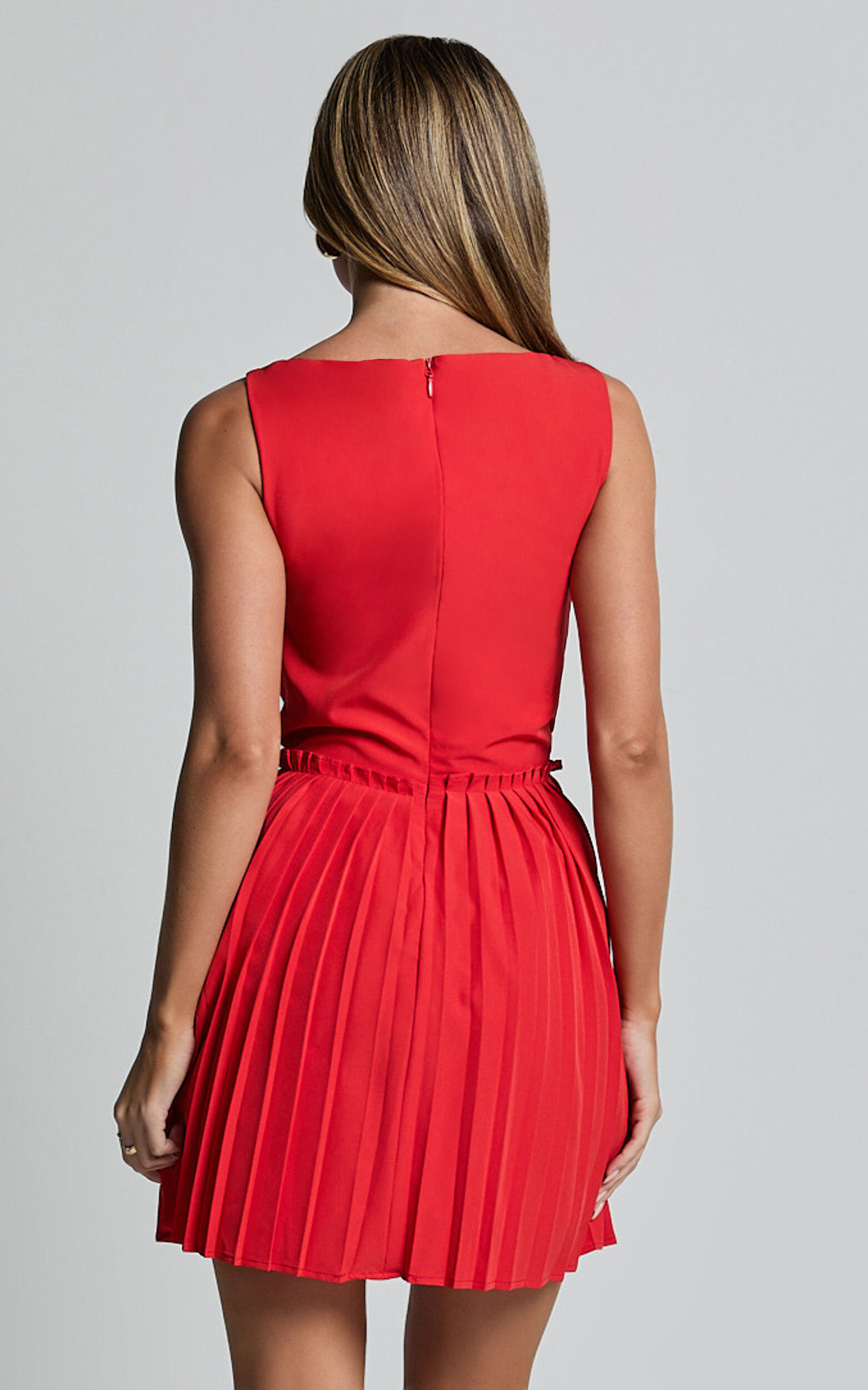 Adana Mini Dress - Fit and Flare Eyelet Corset Detail Mini Dress in Red