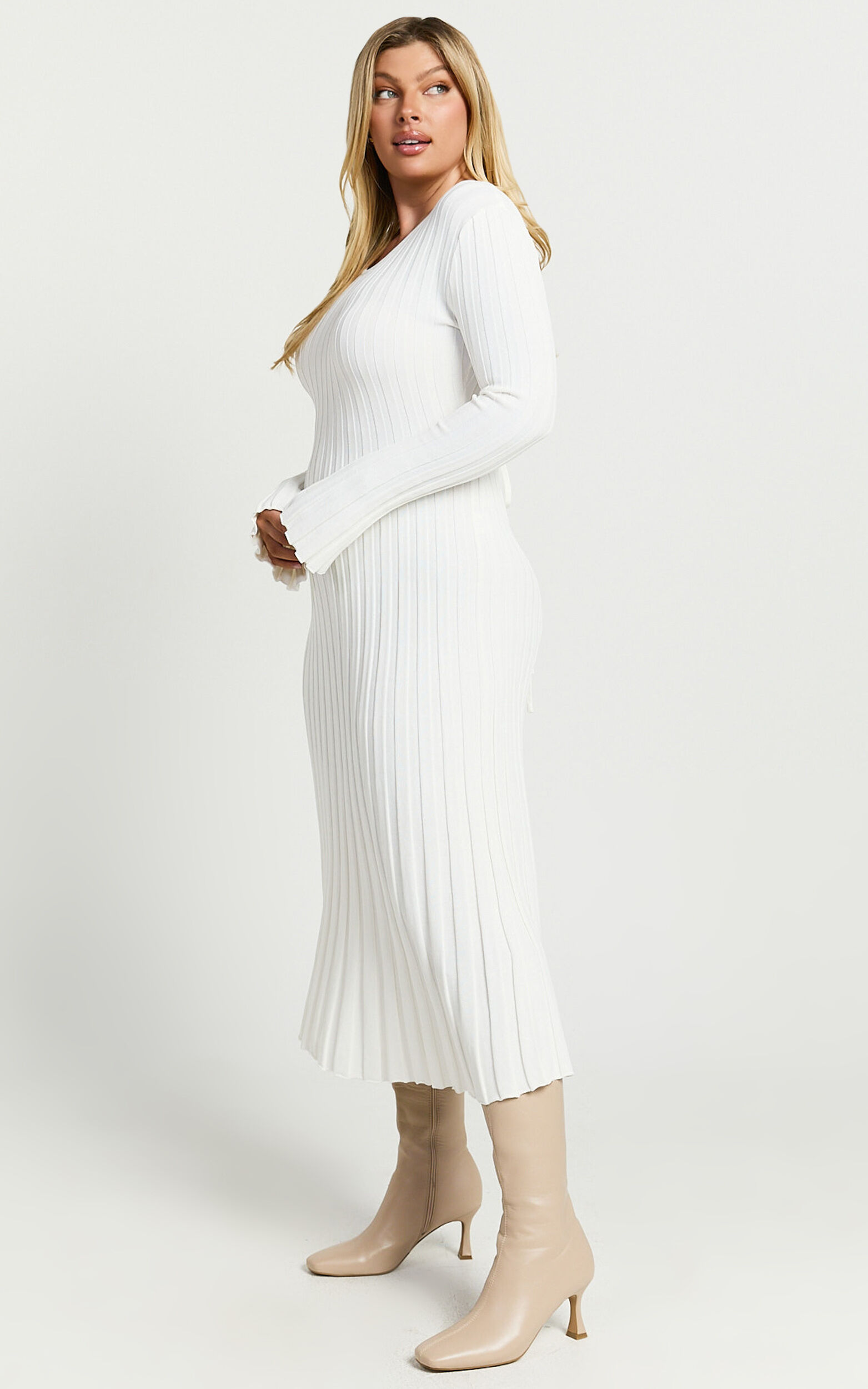 Blaire Midi Dress - Long Sleeve Tie Back Flare Dress in Ivory