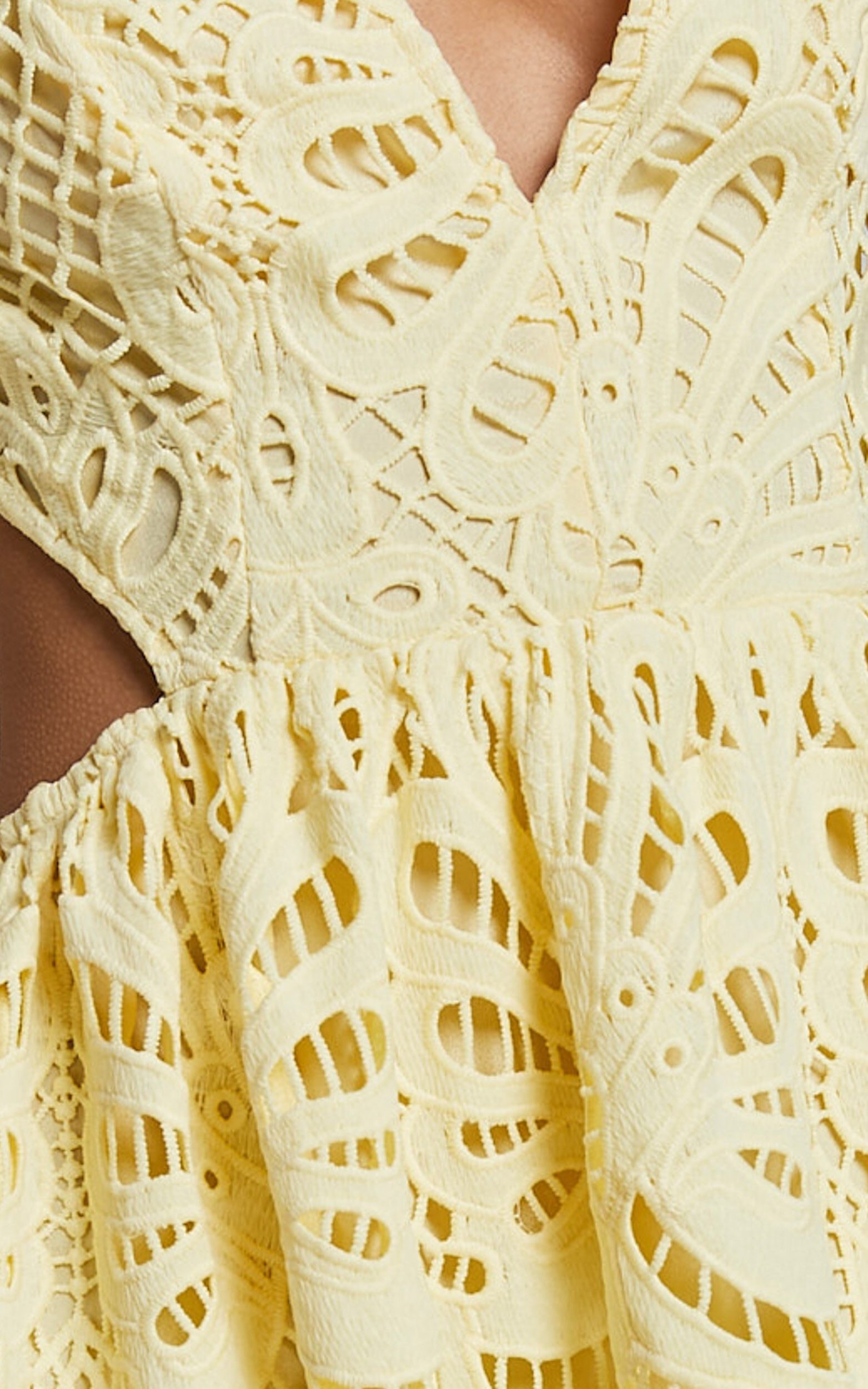 Anieshaya Midi Dress - V Neck Cut Out Lace Dress in Lemon