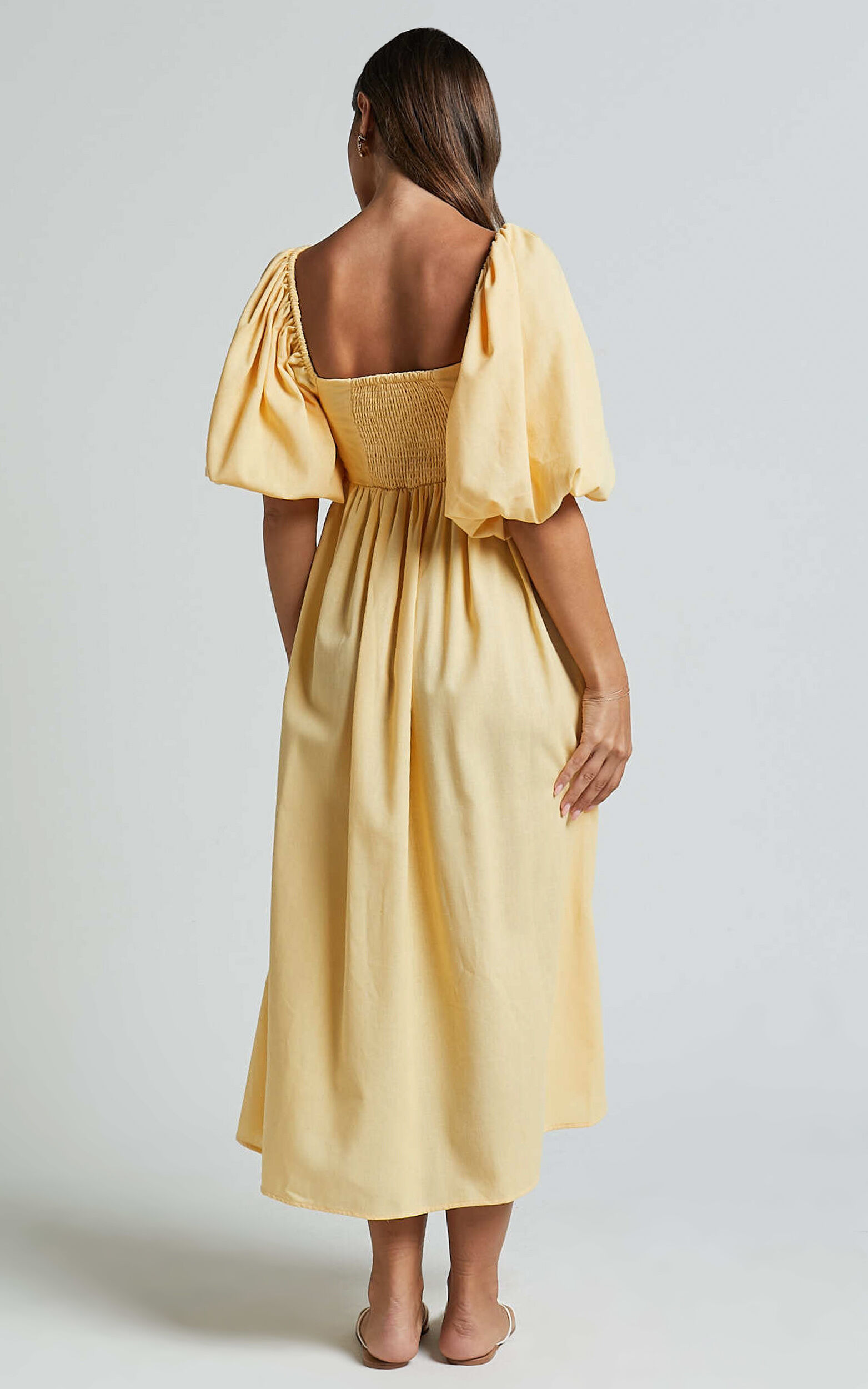 Cenia Midi Dress - Linen Straight Neck Shirred Back Puff Sleeve Dress in Lemon