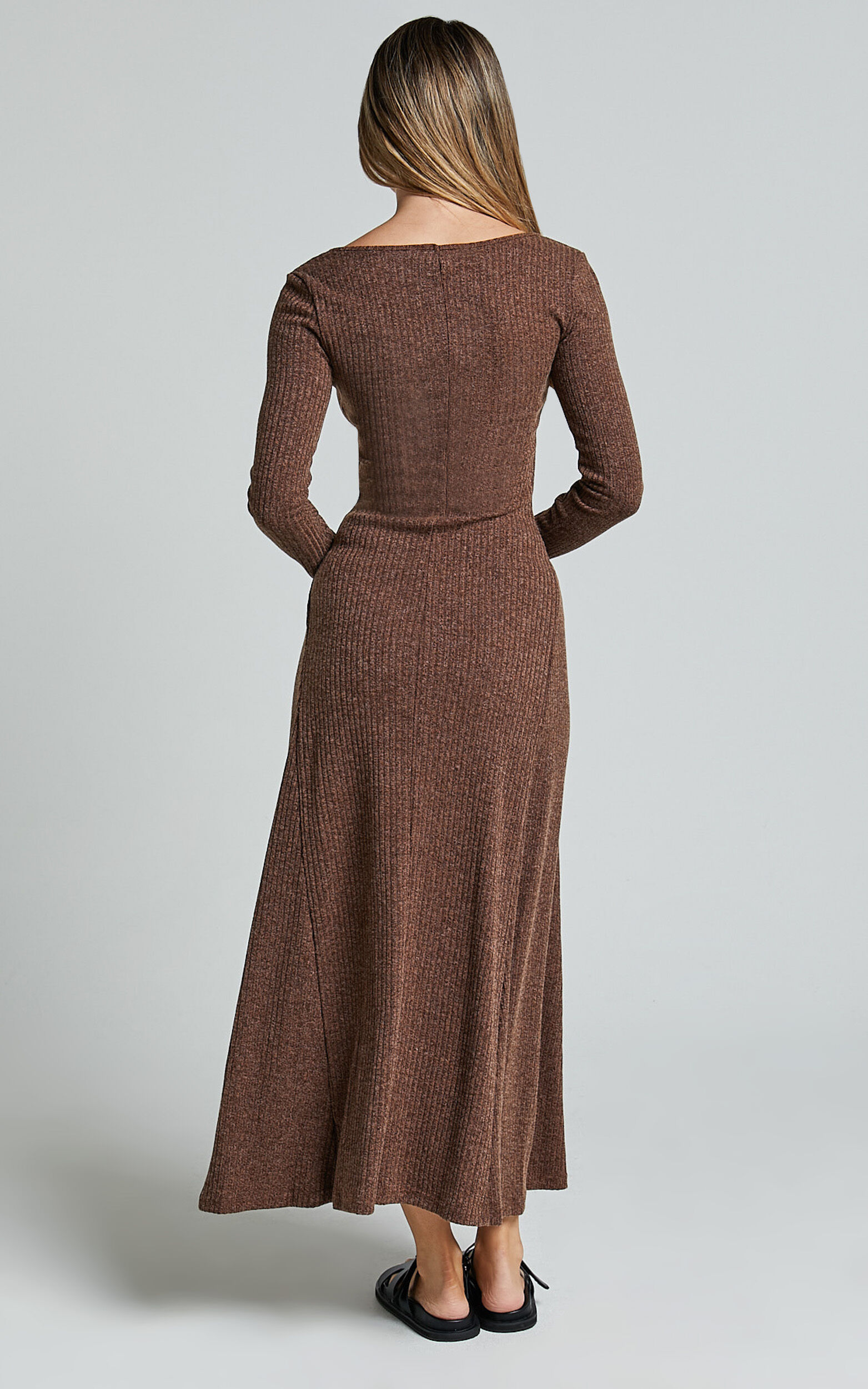 Lydia Midi Dress - V Neck Long Sleeve Knitted Dress in Chocolate