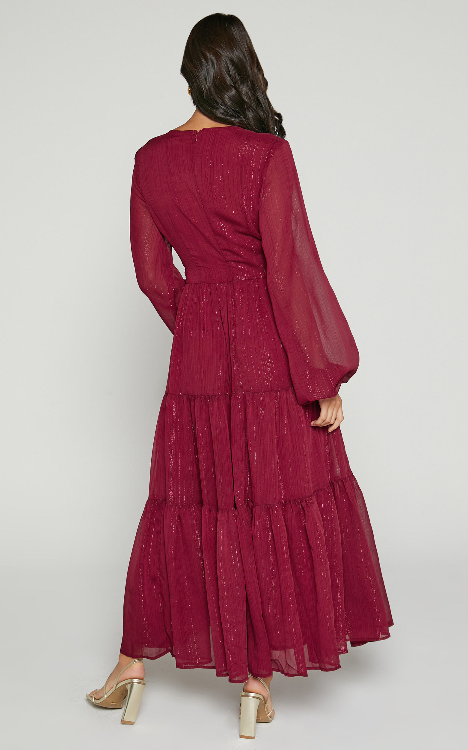 Edelyn Midi Dress - Cut Out Balloon Sleeve Tiered Dress in Burgundy
