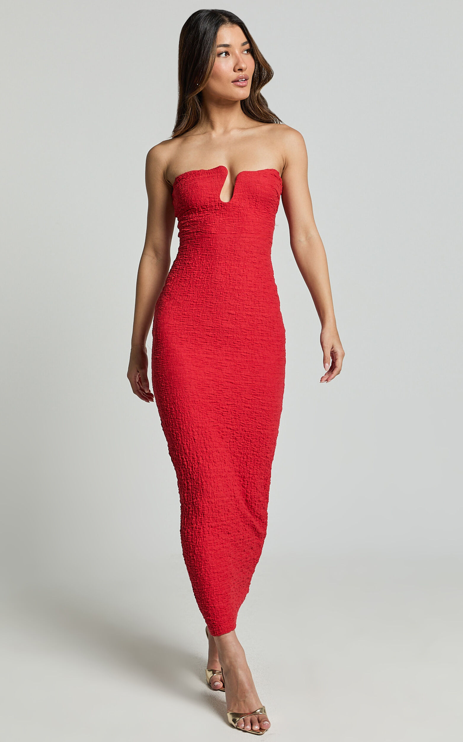 Alberta Maxi Dress- Strapless bust detail textured dress in Red