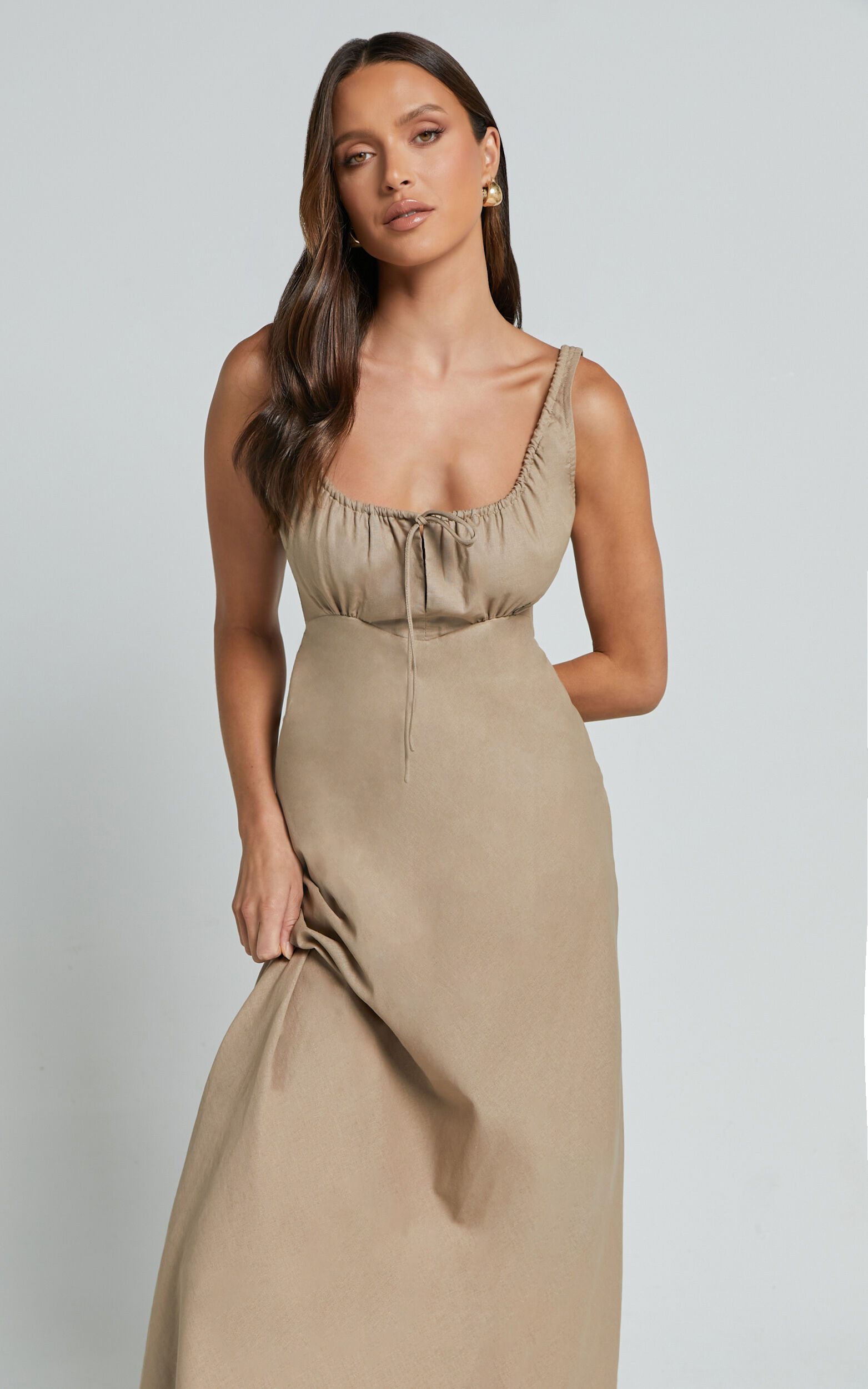 Lucas Midi Dress - Ruched Bust Linen Dress in Tobacco