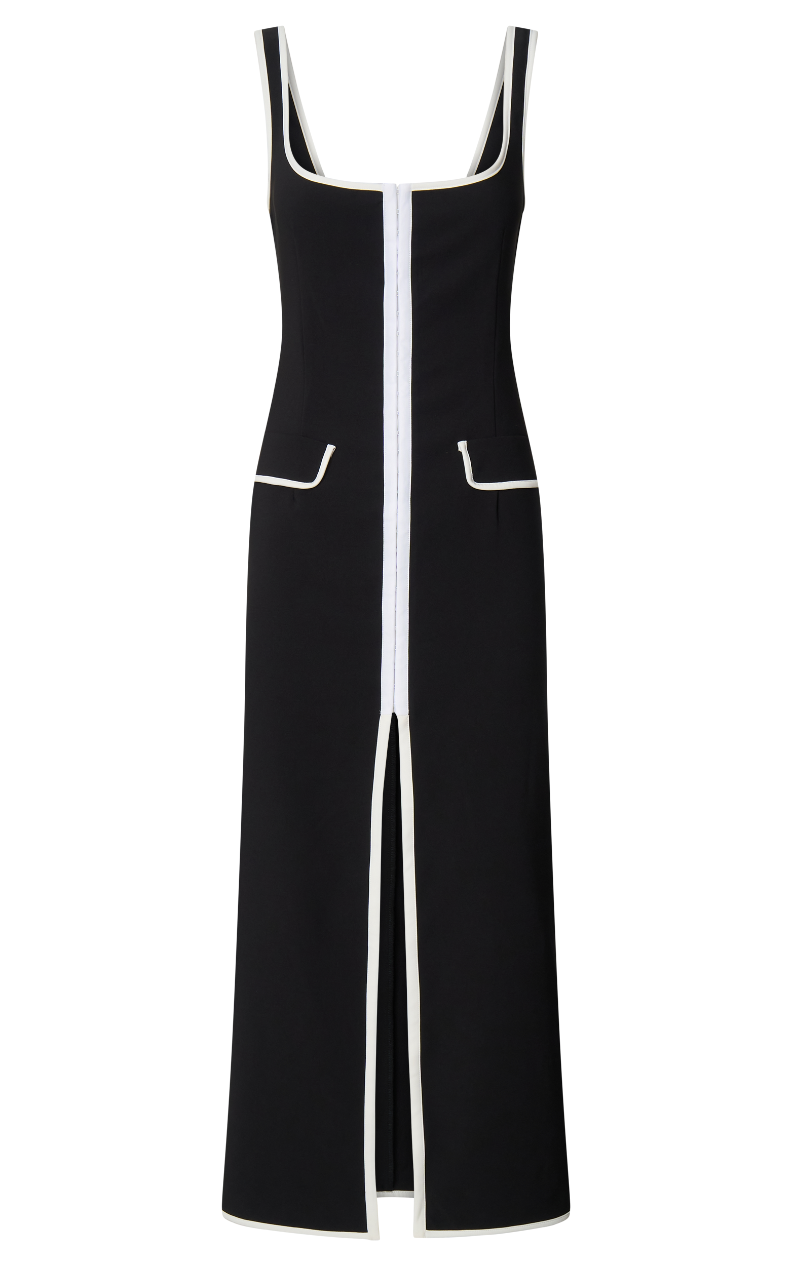 Xyra Midi Dress - Square Neck Contrast Bind Fitted Dress in Black