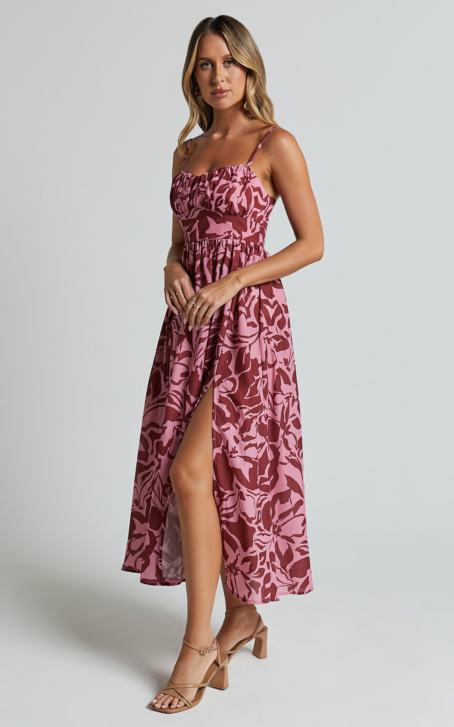 Lydie Midi Dress - Strappy Ruched Bust Shirred Back Dress in Whirlwind Floral Print