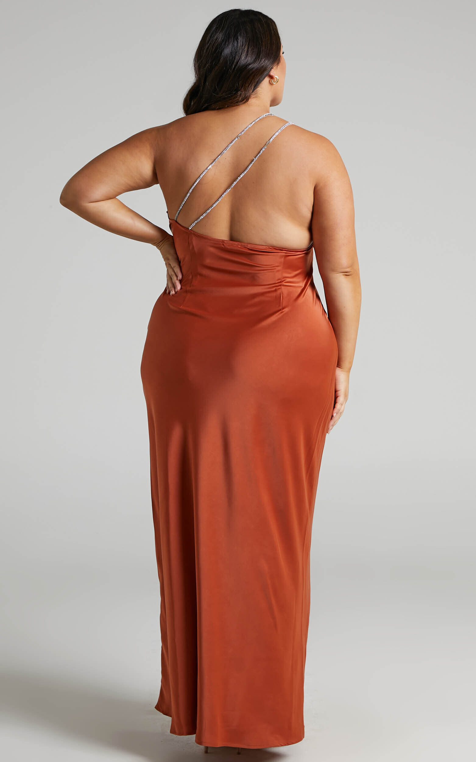 Elzales Midi Dress - One Shoulder Beaded Strap Satin Dress in Rust