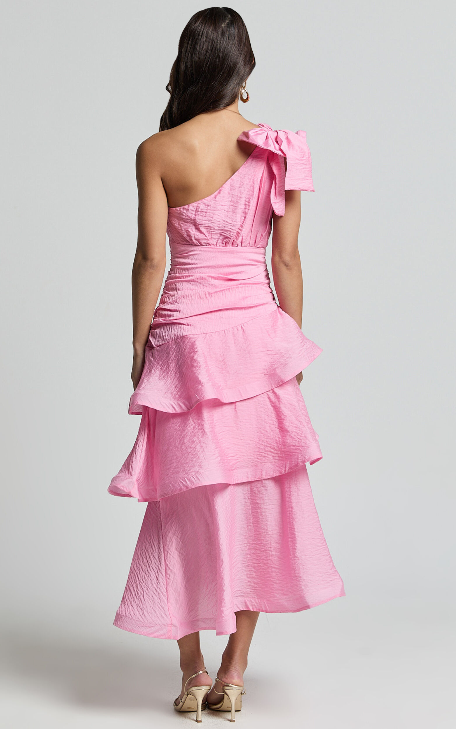Eugenia Midi Dress - One Shoulder Fit and Flare Layered Dress in Pink