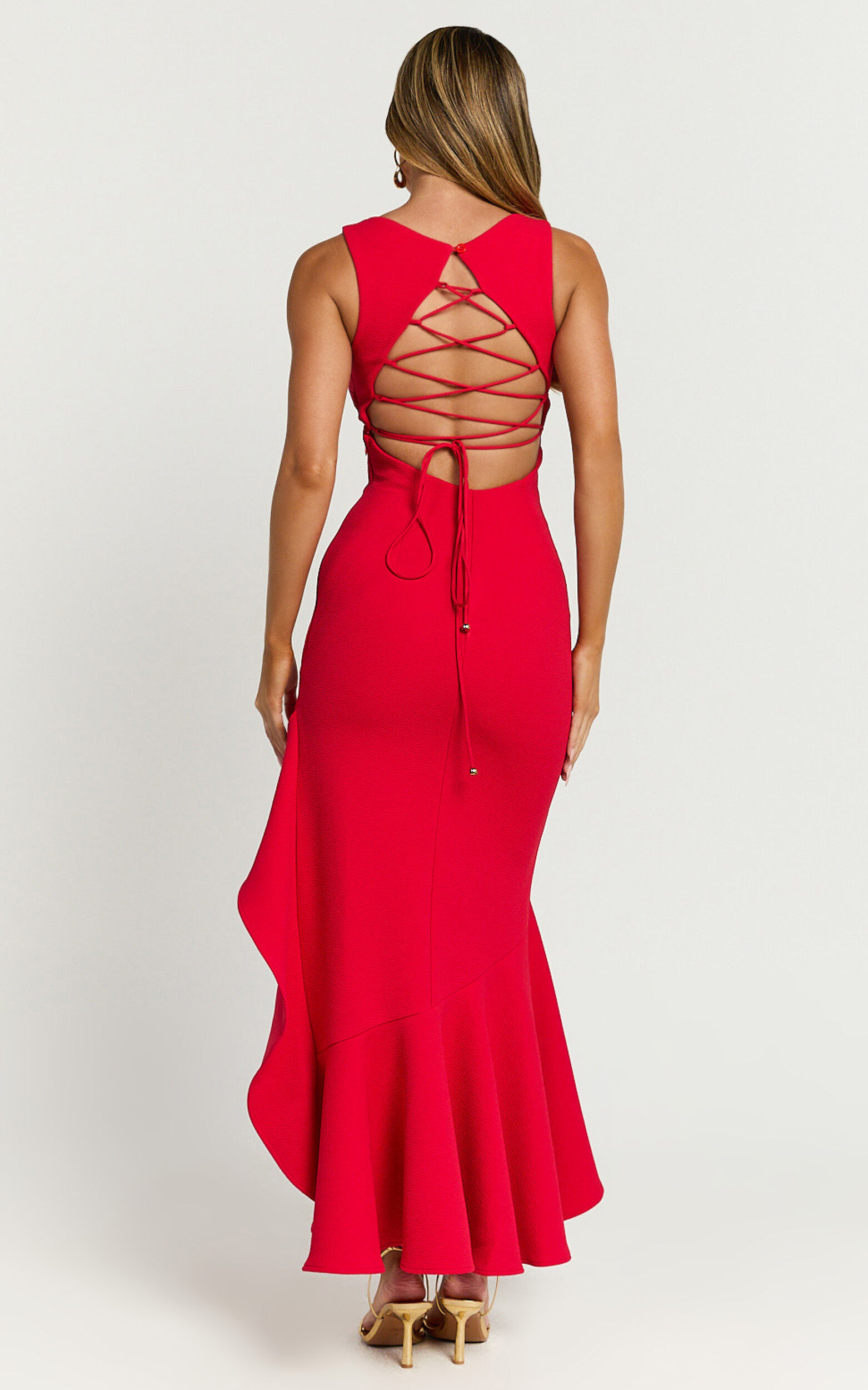 Luiza Midi Dress - Ruffle Hem Corset Back Dress in Red