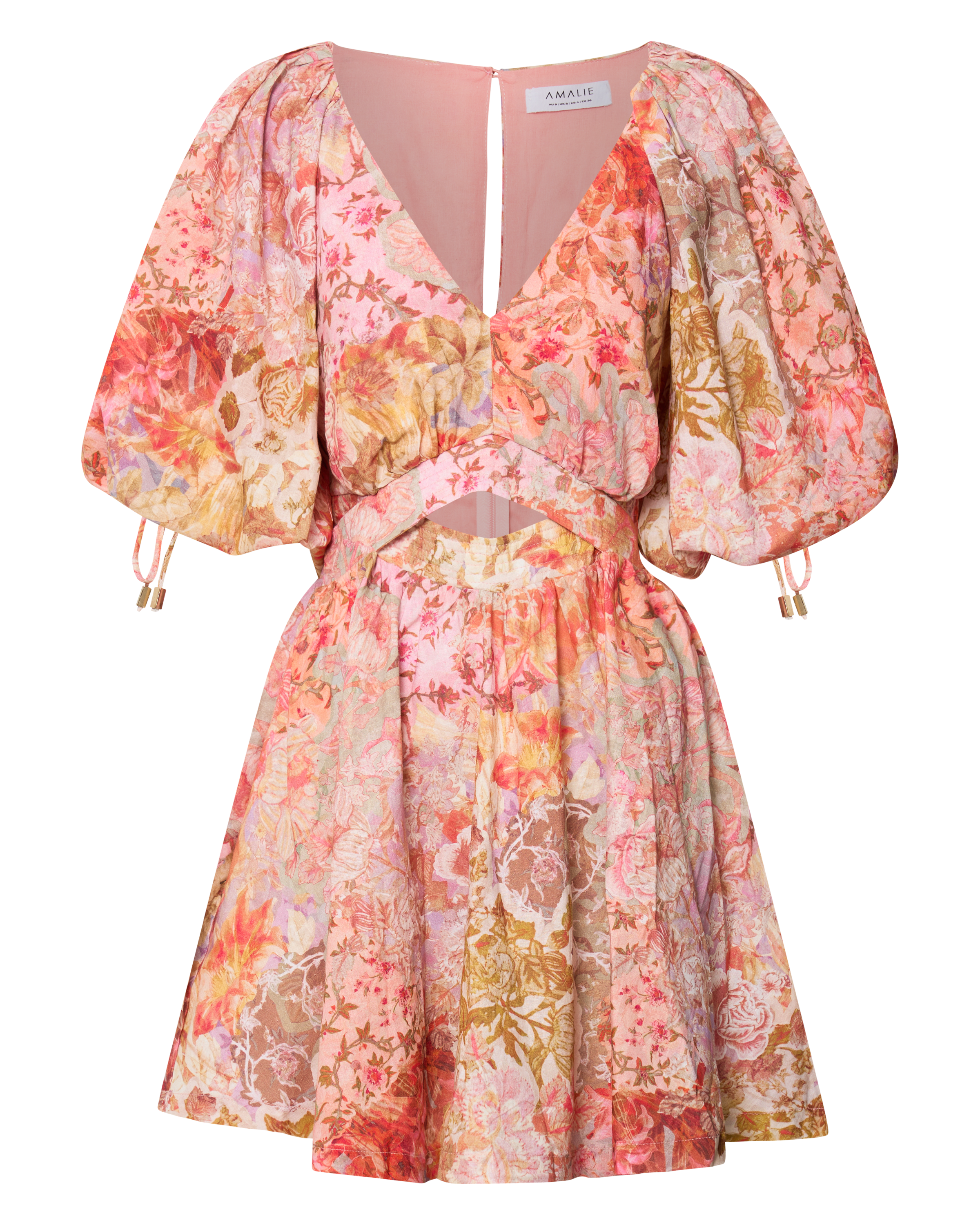 Amalie The Label - Movida Linen Blend Balloon Sleeve Crossover Band Mini Dress in Morocco Print