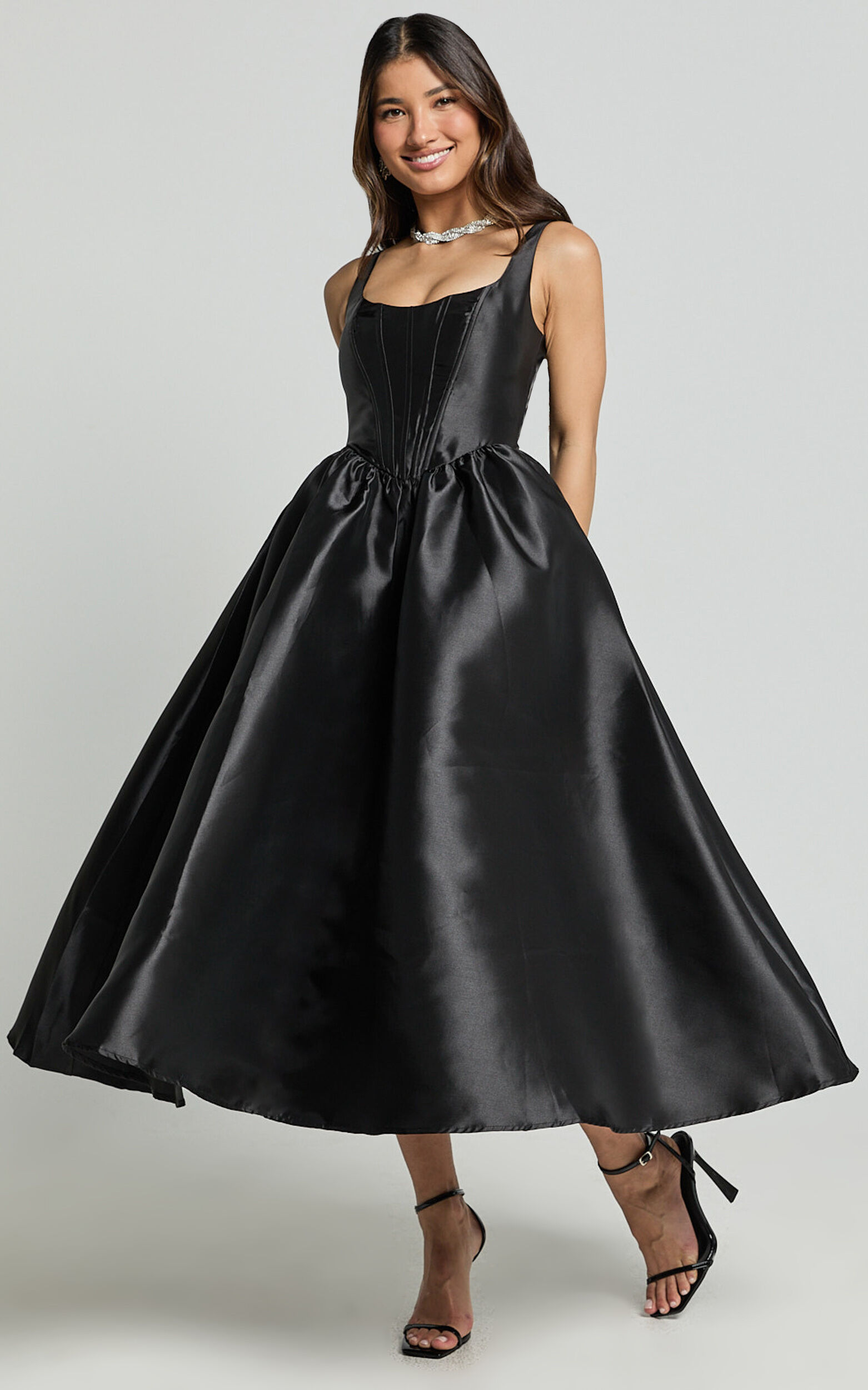 Courtney Midi Dress - Corset Panel Low Back Dress in Black