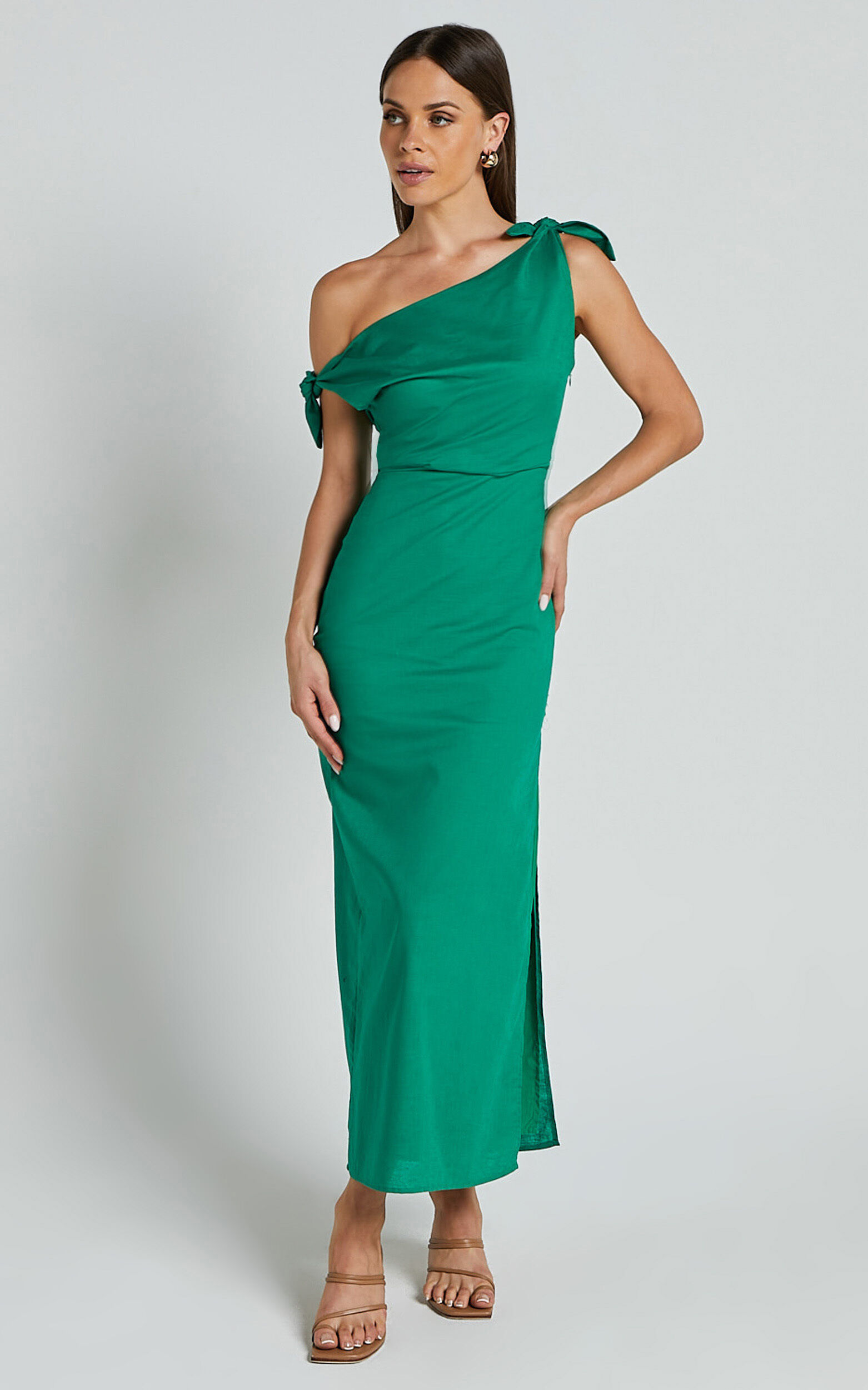 Cincinnati Midi Dress - Off The Shoulder Side Split Column Linen Dress in Green