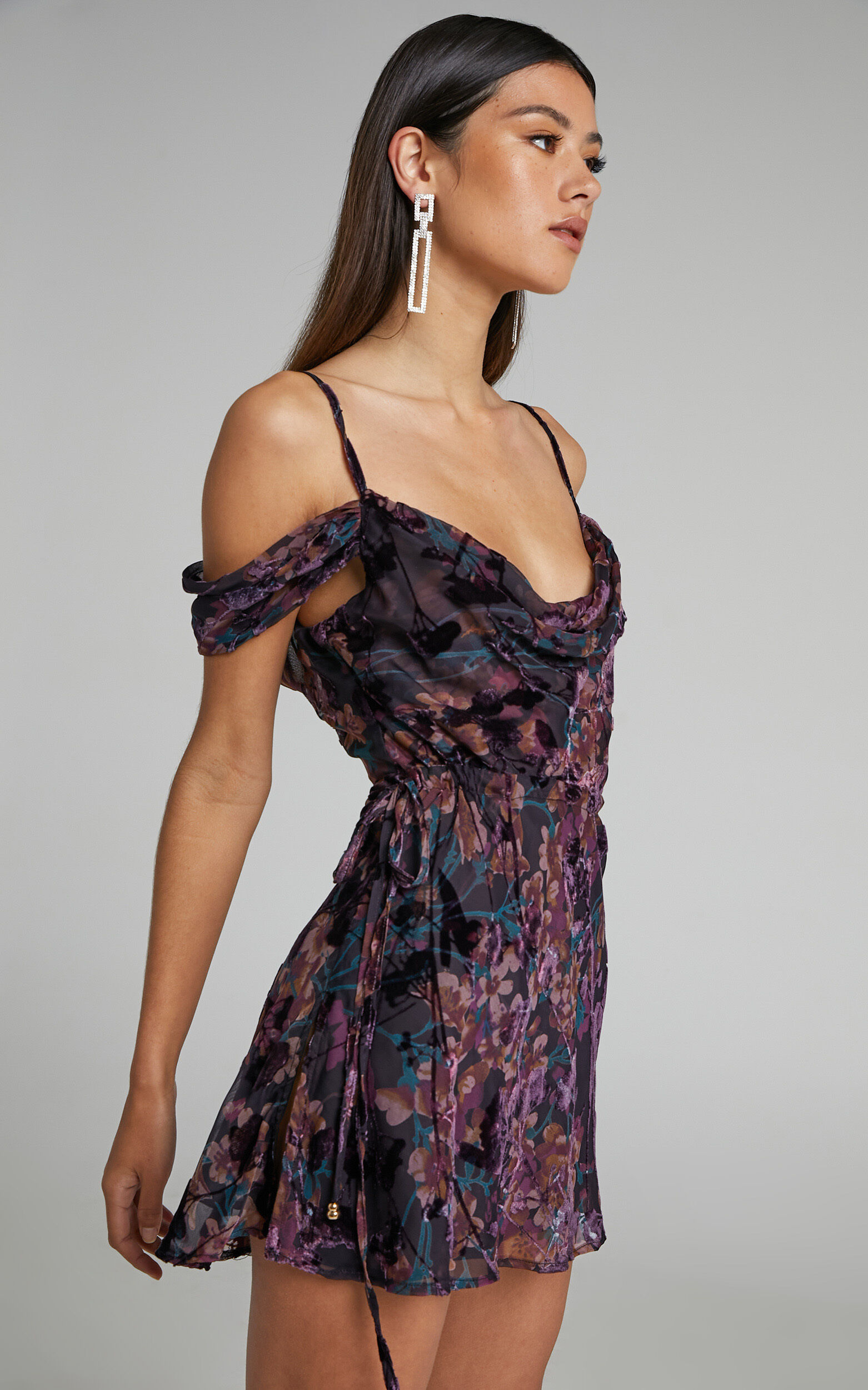 Aletta Mini Dress - Strappy Off Shoulder Cowl Neck Dress in Aletta Burn Out Floral