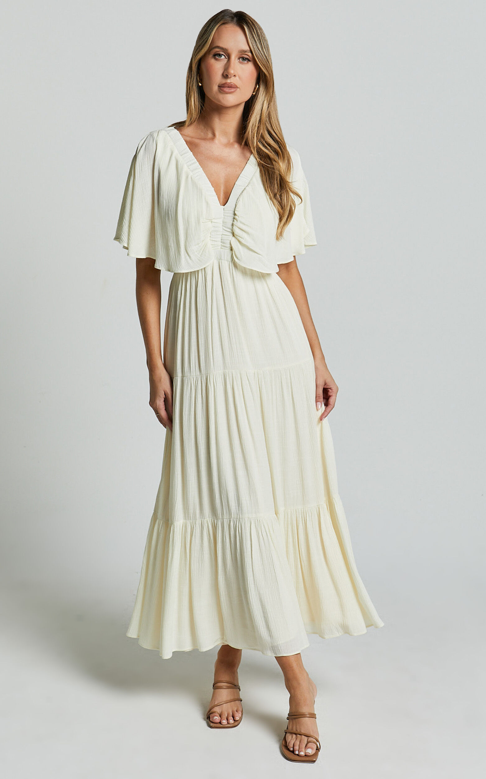 Danny Midi Dress - Ruffle Sleeve Tiered Dress in Natural
