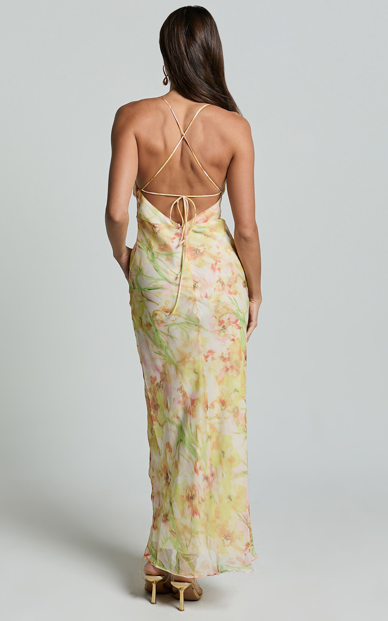 Alessa Midi Dress - Tie Strap Cowl Neck Slip Dress in Yelllow Floral Print