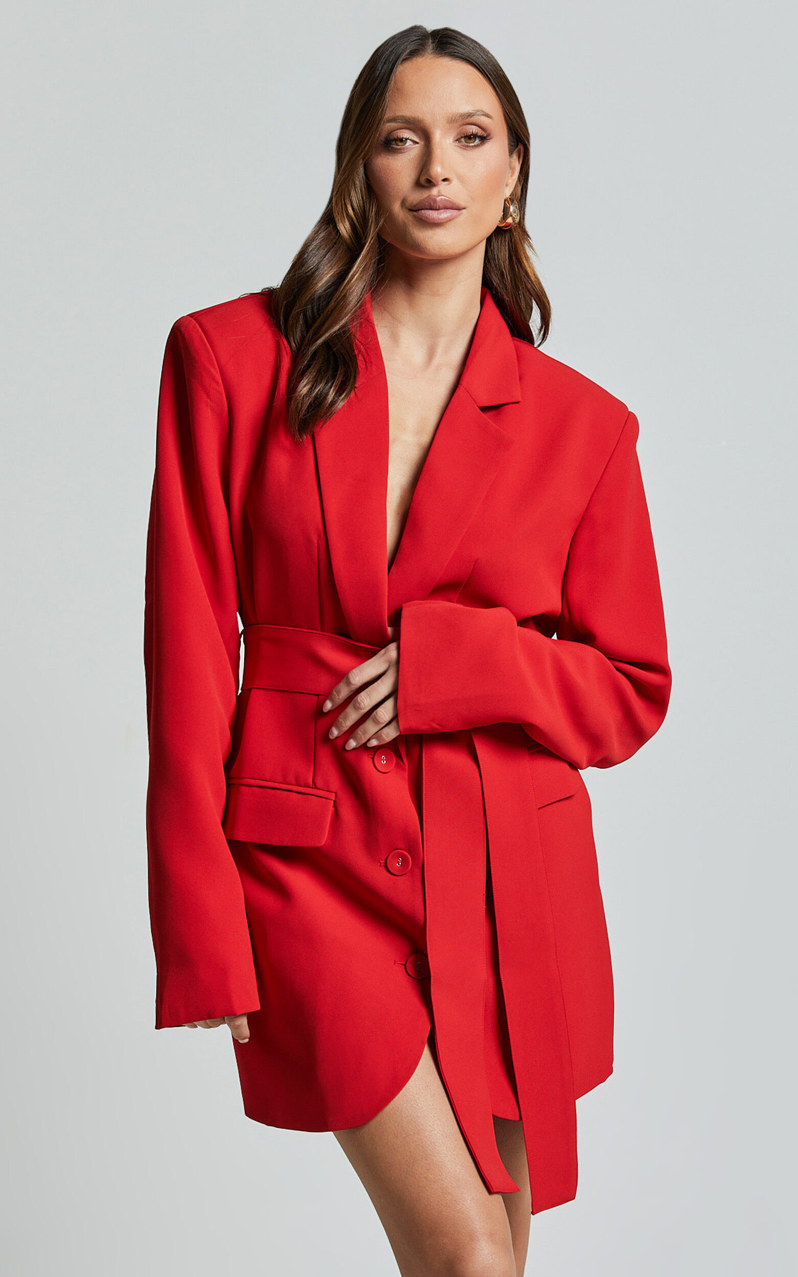 Denali Mini Dress - Tie Waist Blazer Dress in Ruby Red
