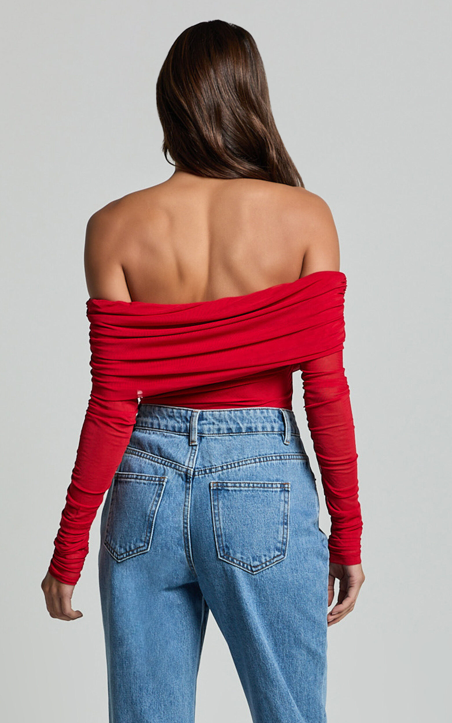 Jaythen Bodysuit - Long Sleeve Off Shoulder Ruched Mesh Bodysuit in Red