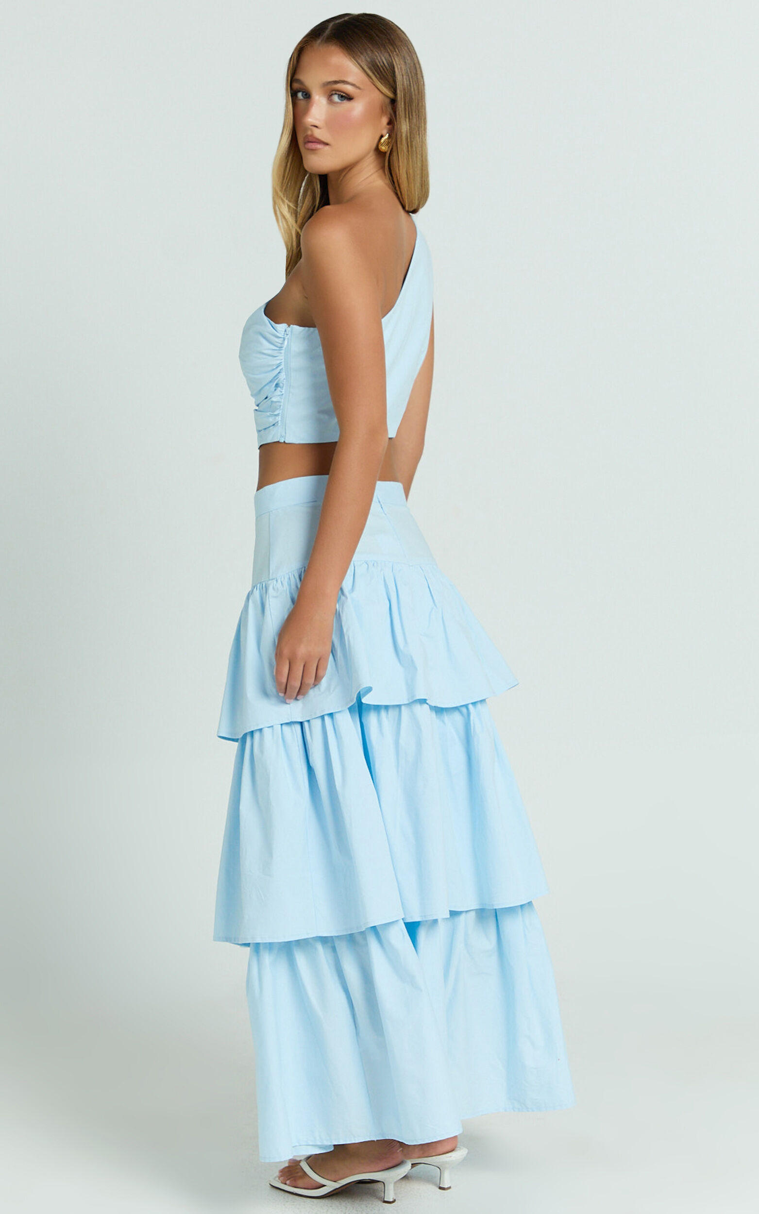 Kaycie Two Piece Set - One Shoulder Asymmetrical Ruched Top and Tiered Midi Skirt Set in Pale Blue