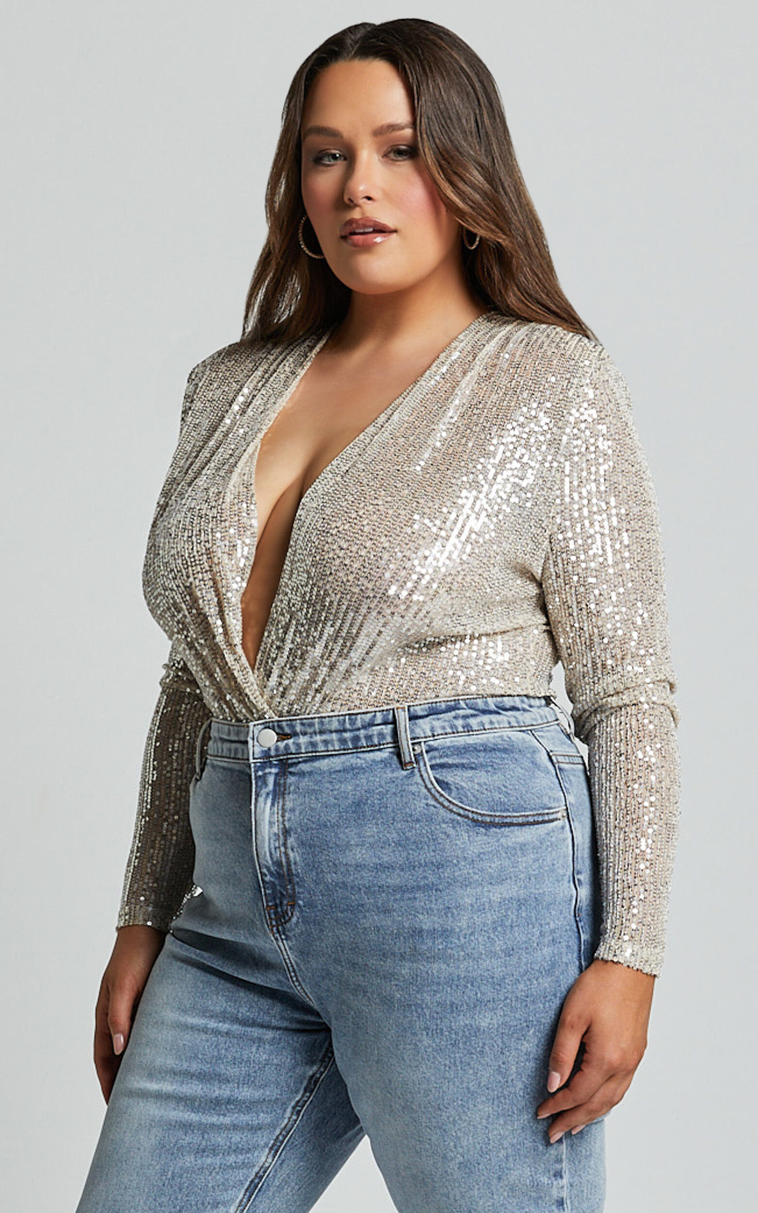 Alora Bodysuit - Sequin Wrap Front Long Sleeve Bodysuit in Silver