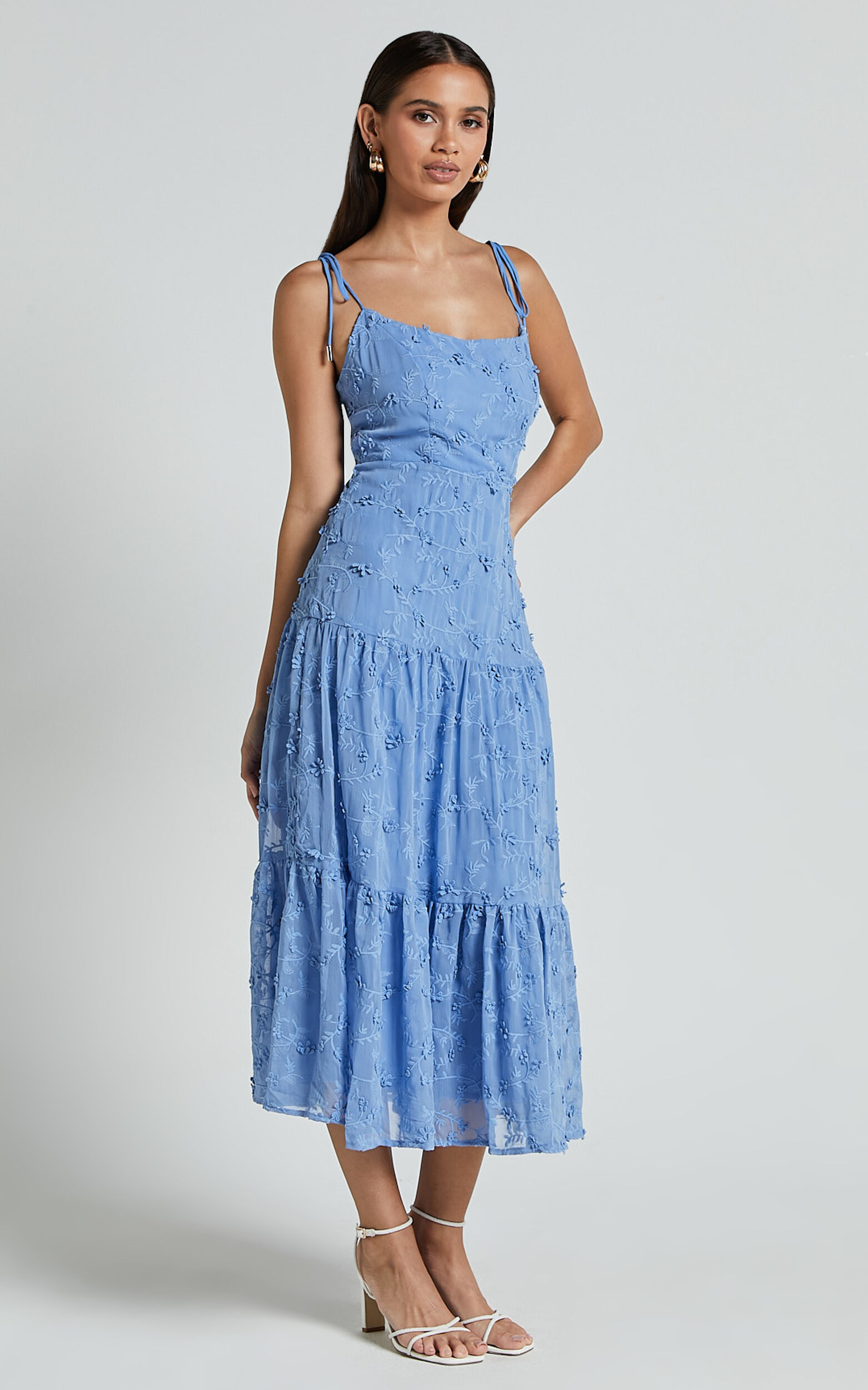 Francesca Midi Dress - Tie Shoulder Tiered Embroided Dress in Cornflower Blue