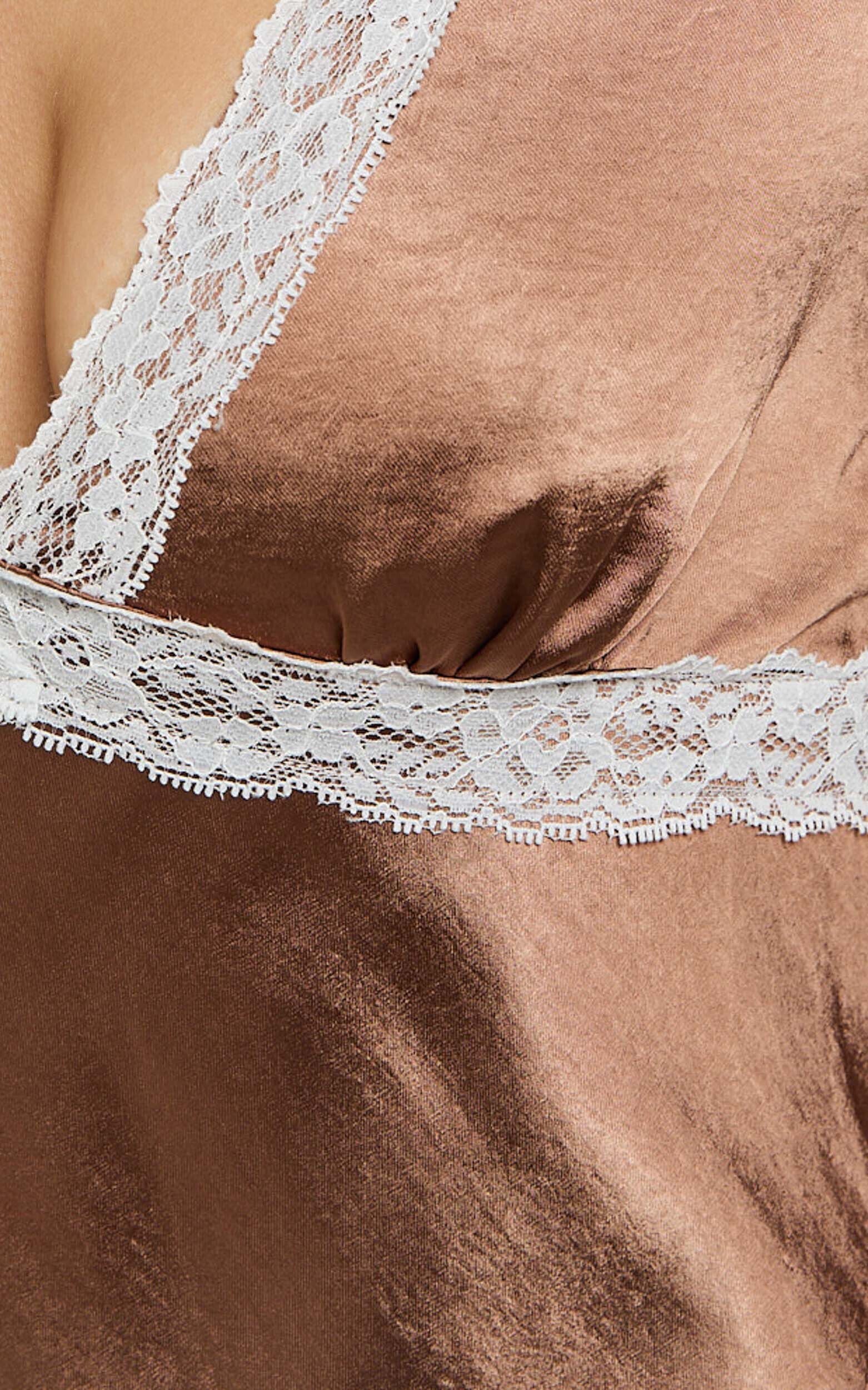 Carmela Midi Dress - Long Sleeve V Neck Lace Detail Dress in Chocolate