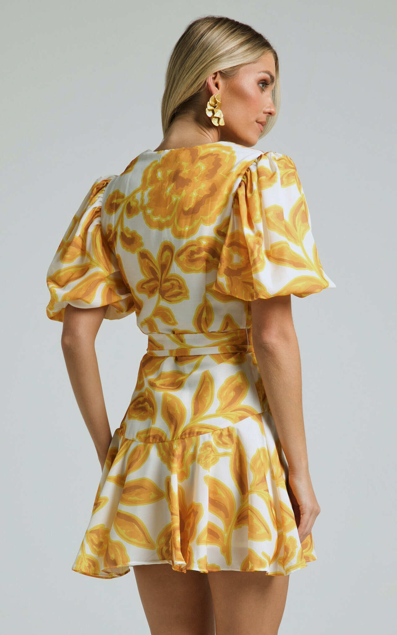 Aleka Mini Dress - V Neck Balloon Sleeve Wrap in Sunshine Floral