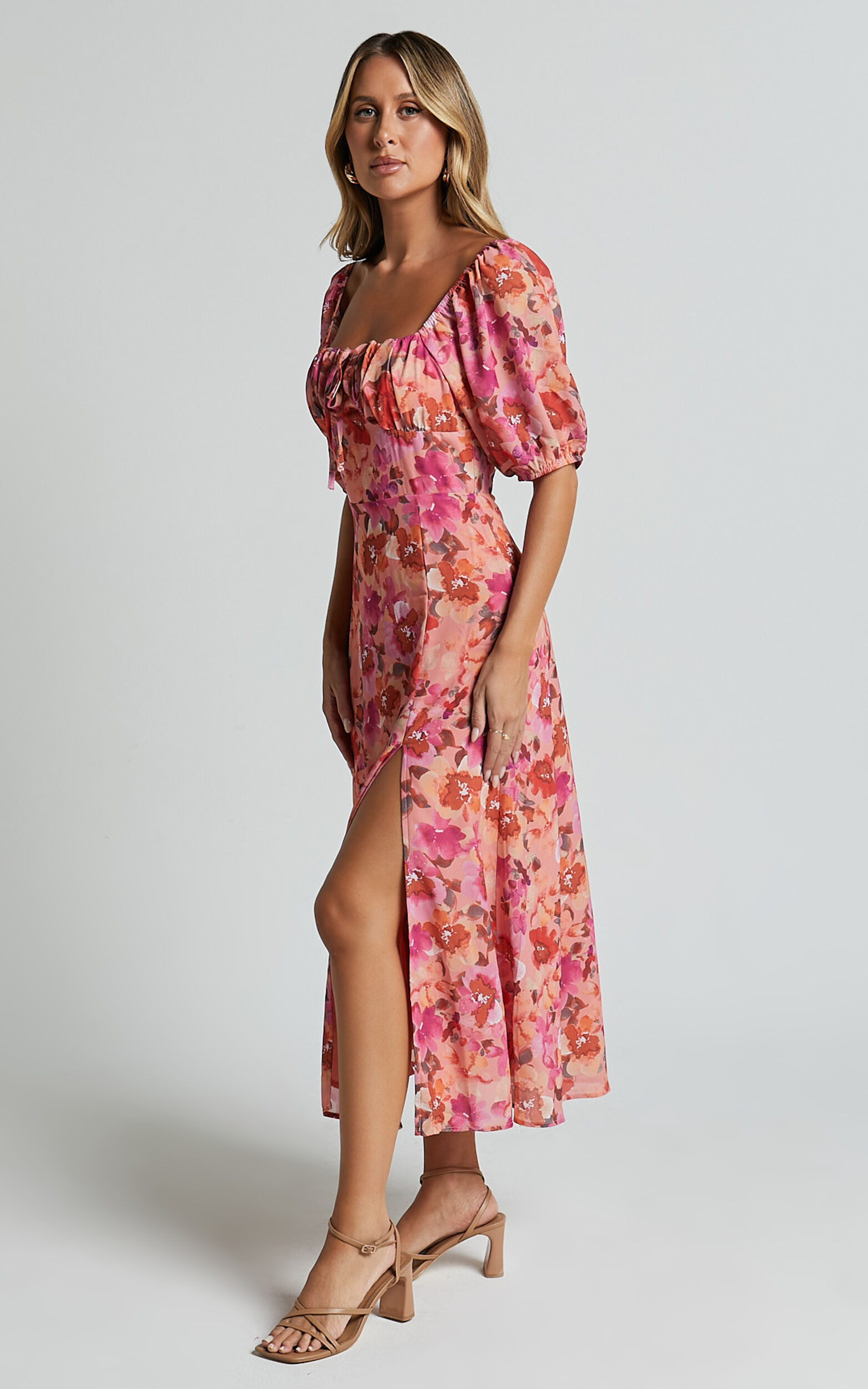 Austen Midi Dress - Short Puff Sleeve Thigh Split Dress in Apricot Blossom