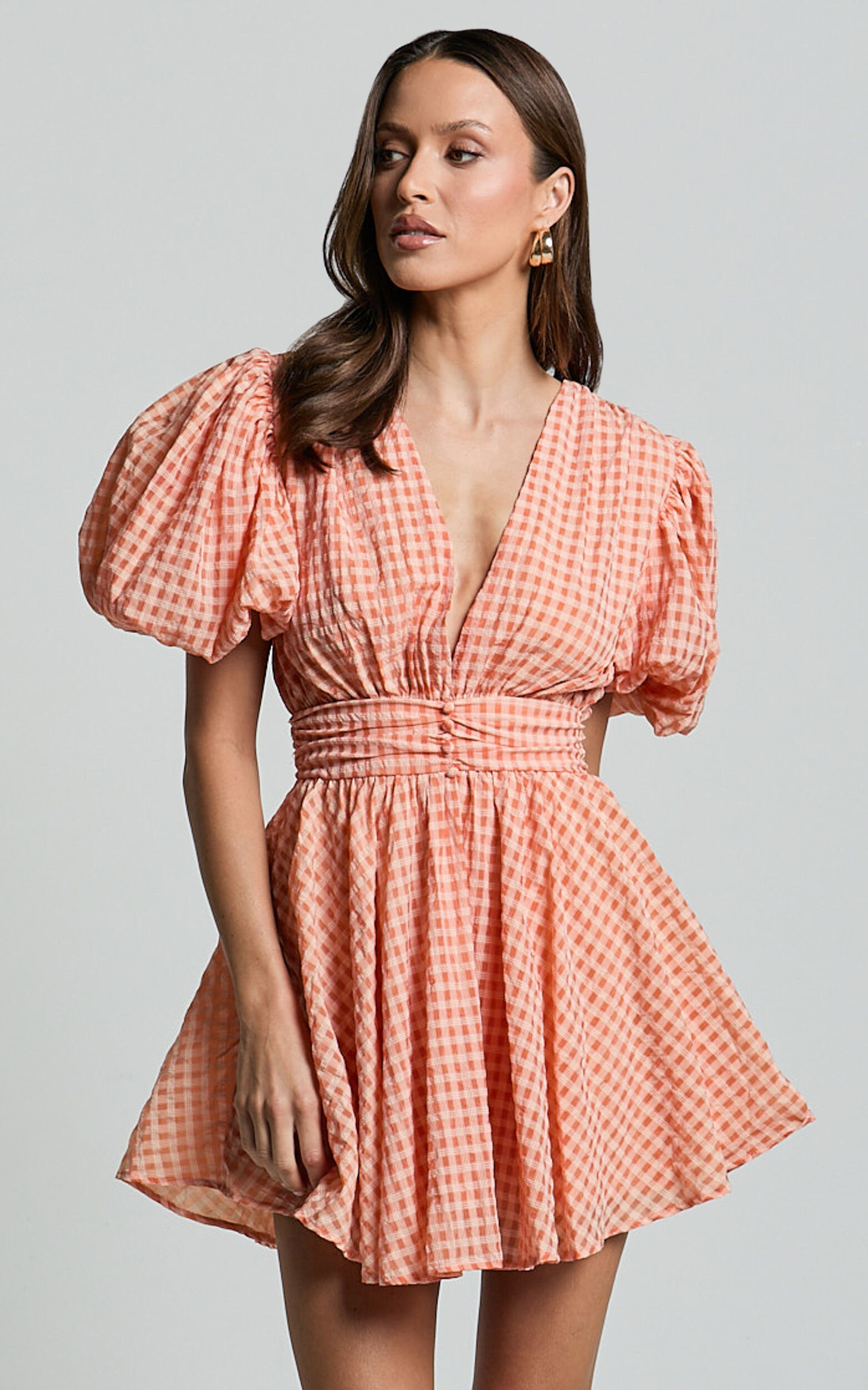 Xandy Mini Dress - Textured Puff Sleeve Plunge Dress in Peach