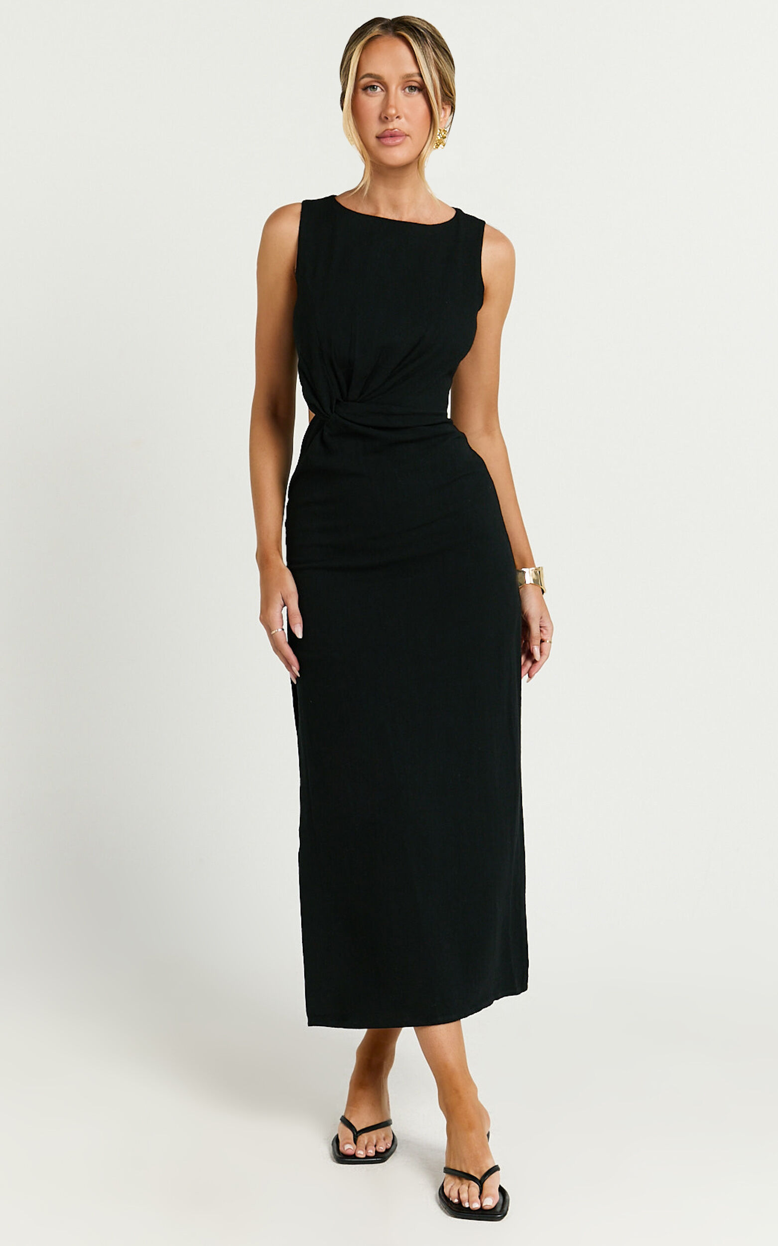 Brodie Midi Dress - Side Cut Out Linen Blend Dress in Black