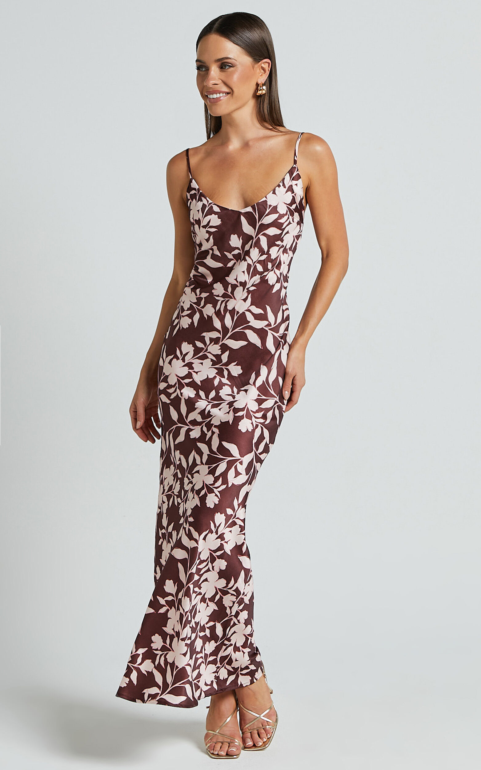 Charesse Maxi Dress - Satin Bias Cut Scoop Neck Low Back Slip Dress in Choc Floral