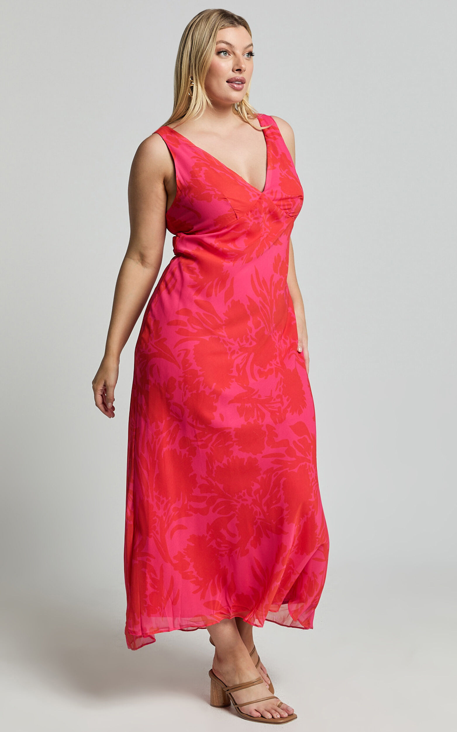 Jodie Midi Dress - V Neck Slip Dress in Pink Floral