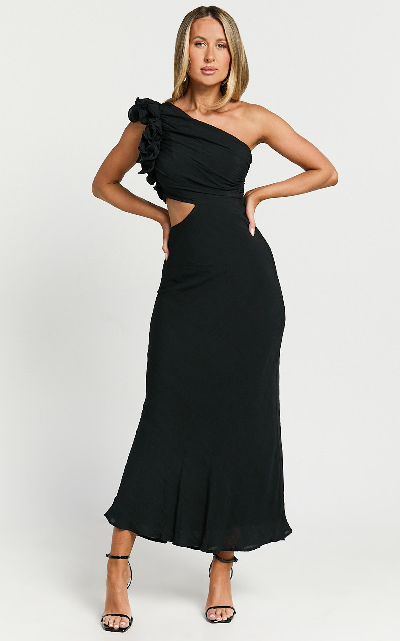 Anessa Midi Dress - One Shoulder Ruffle Detail Side Cut Out Dress in Black