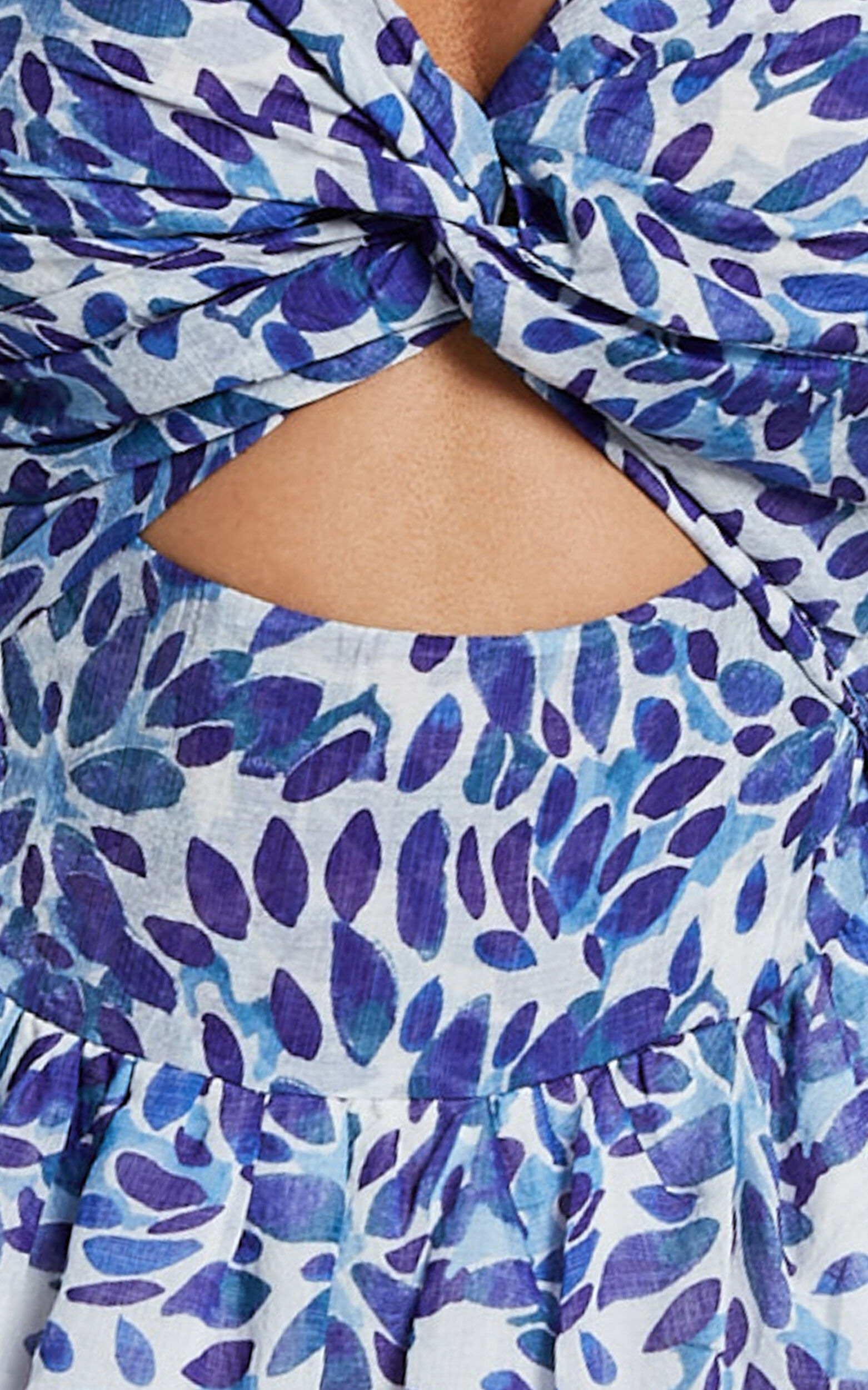 Nelrose Midi Dress - Short Puff Sleeve Front Cut Out Dress in Blue Print