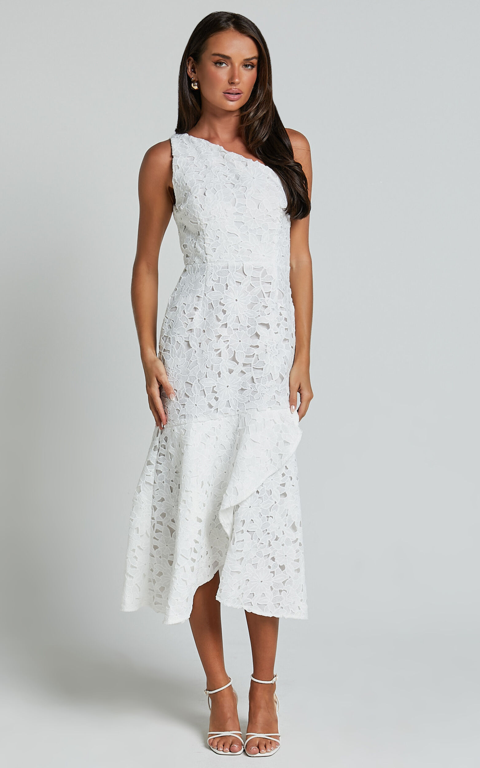 Beth Midi Dress - One Shoulder Ruffle Hem Lace Dress in White