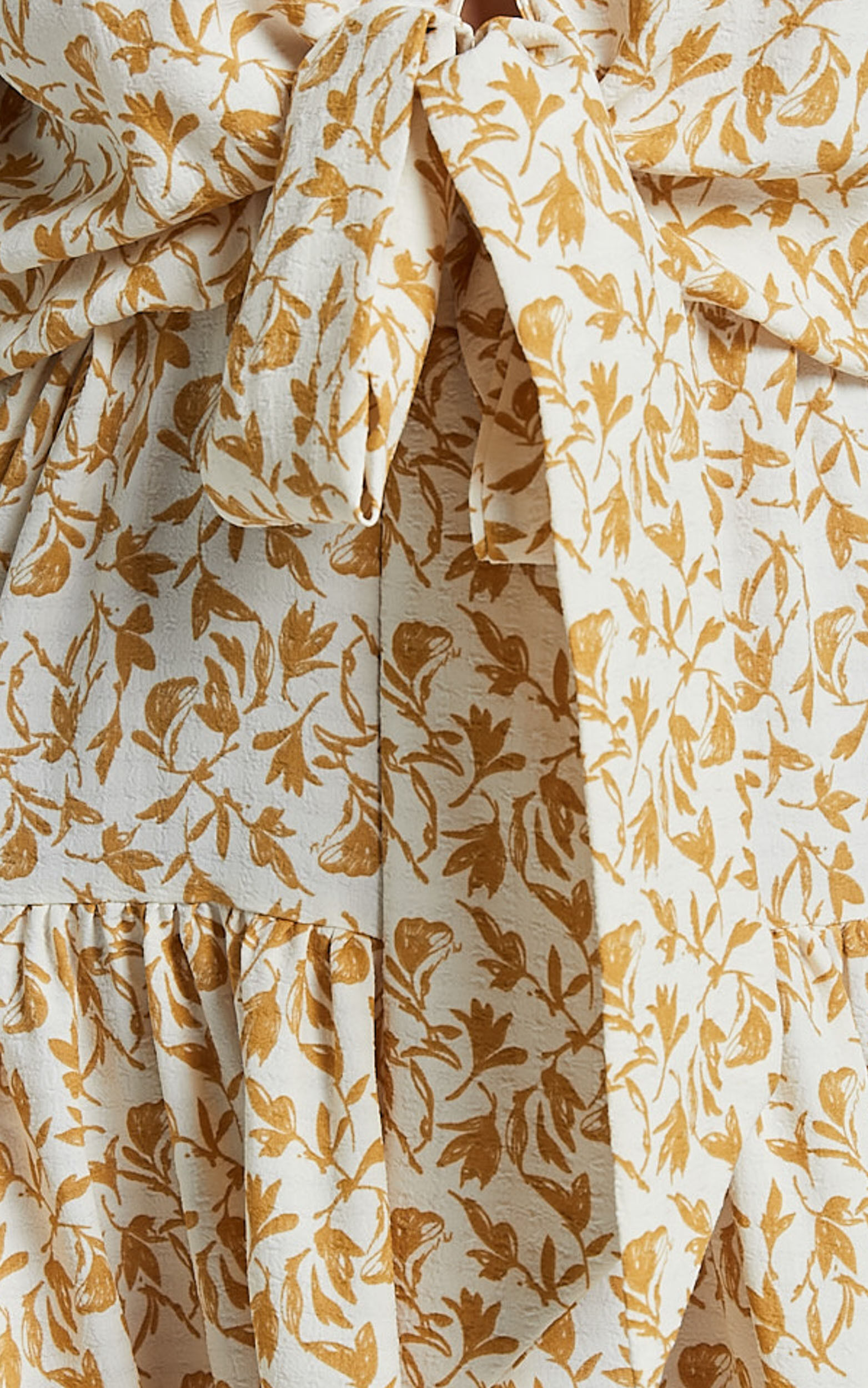 Alena Midi Dress - Short Puff Sleeve Tie Front Tiered Dress in Golden Floral