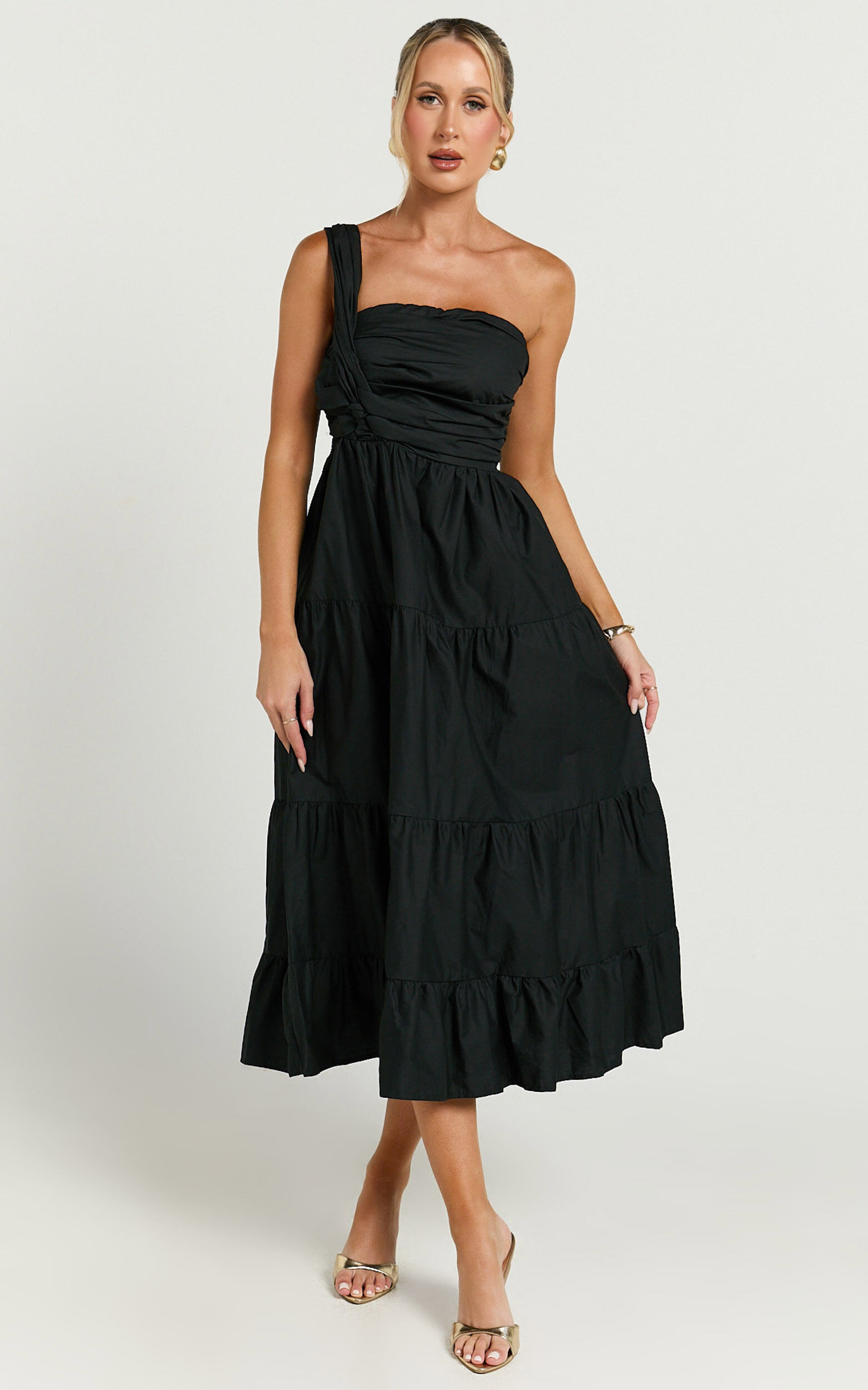 Stephanie Midi Dress - One Shoulder Tiered Midi Dress in Black