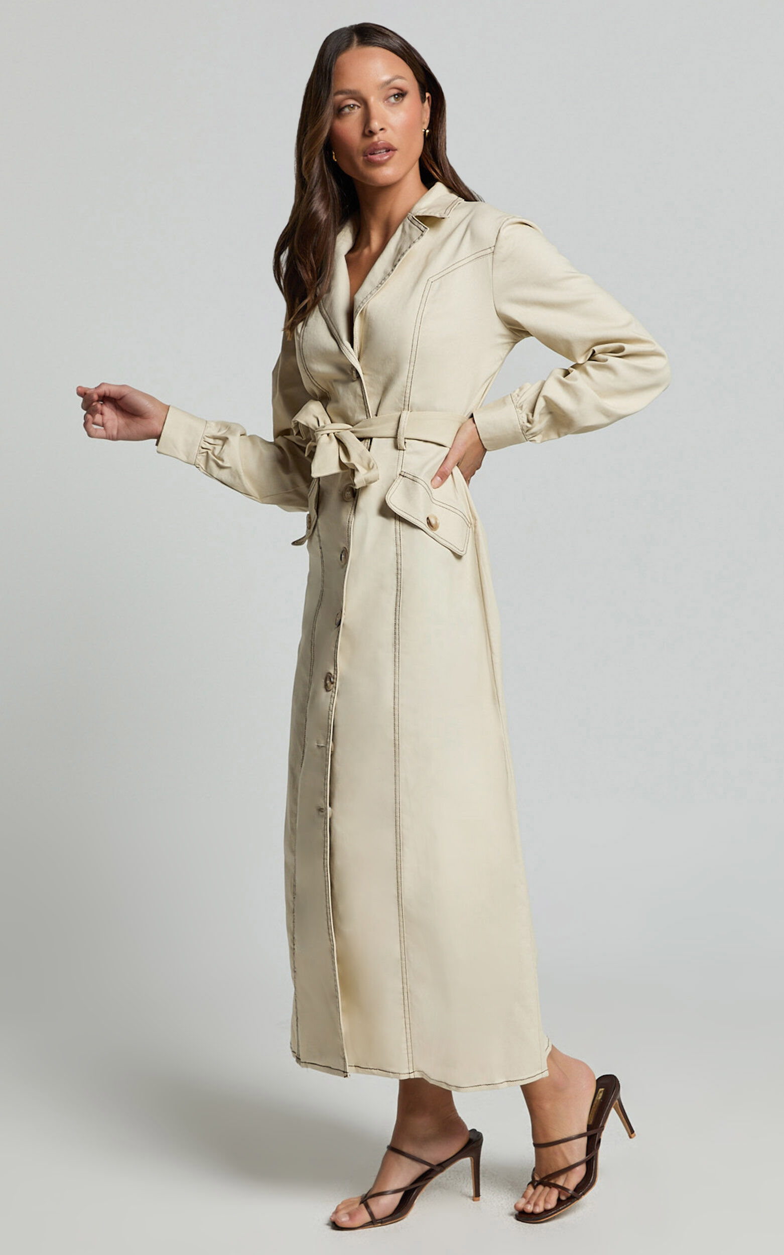 Yelena Midi Dress - Button up Collared Belted Long Sleeve Dress in Natural