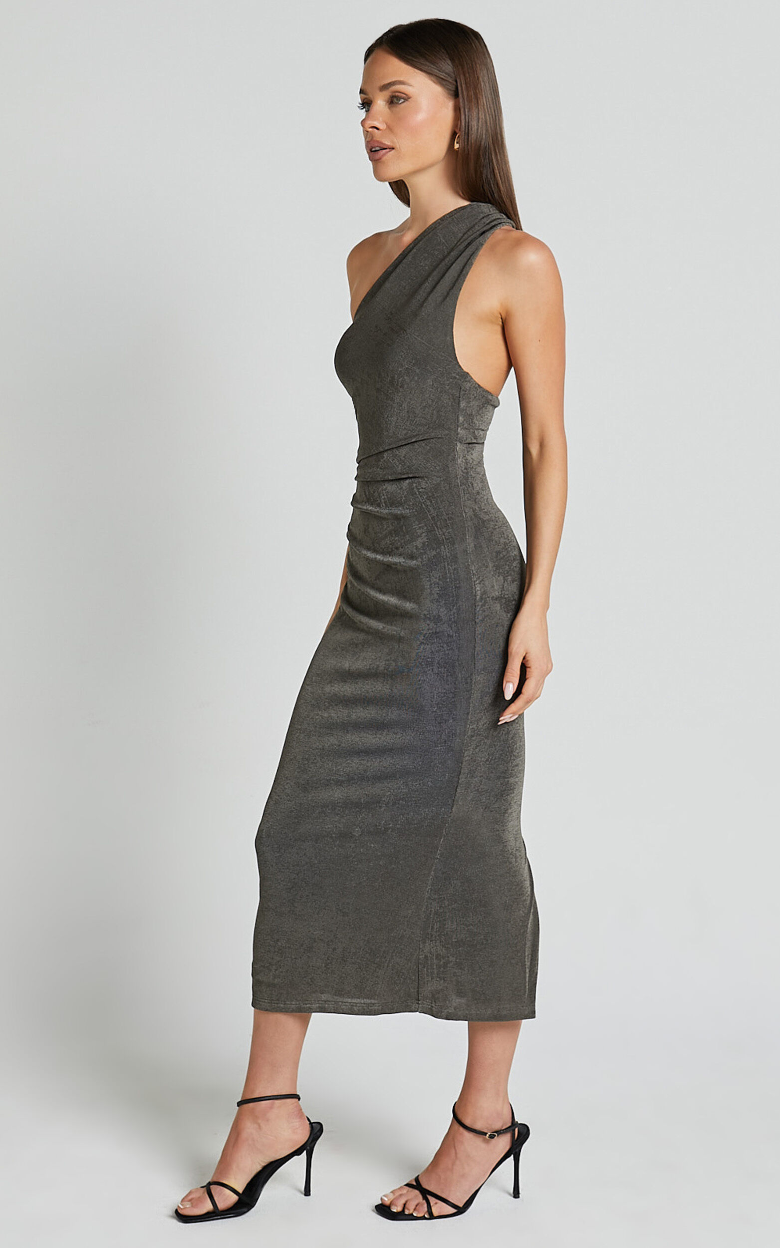 Arietty Midi Dress - One Shoulder Asymmetrical Ruched Dress in Olive
