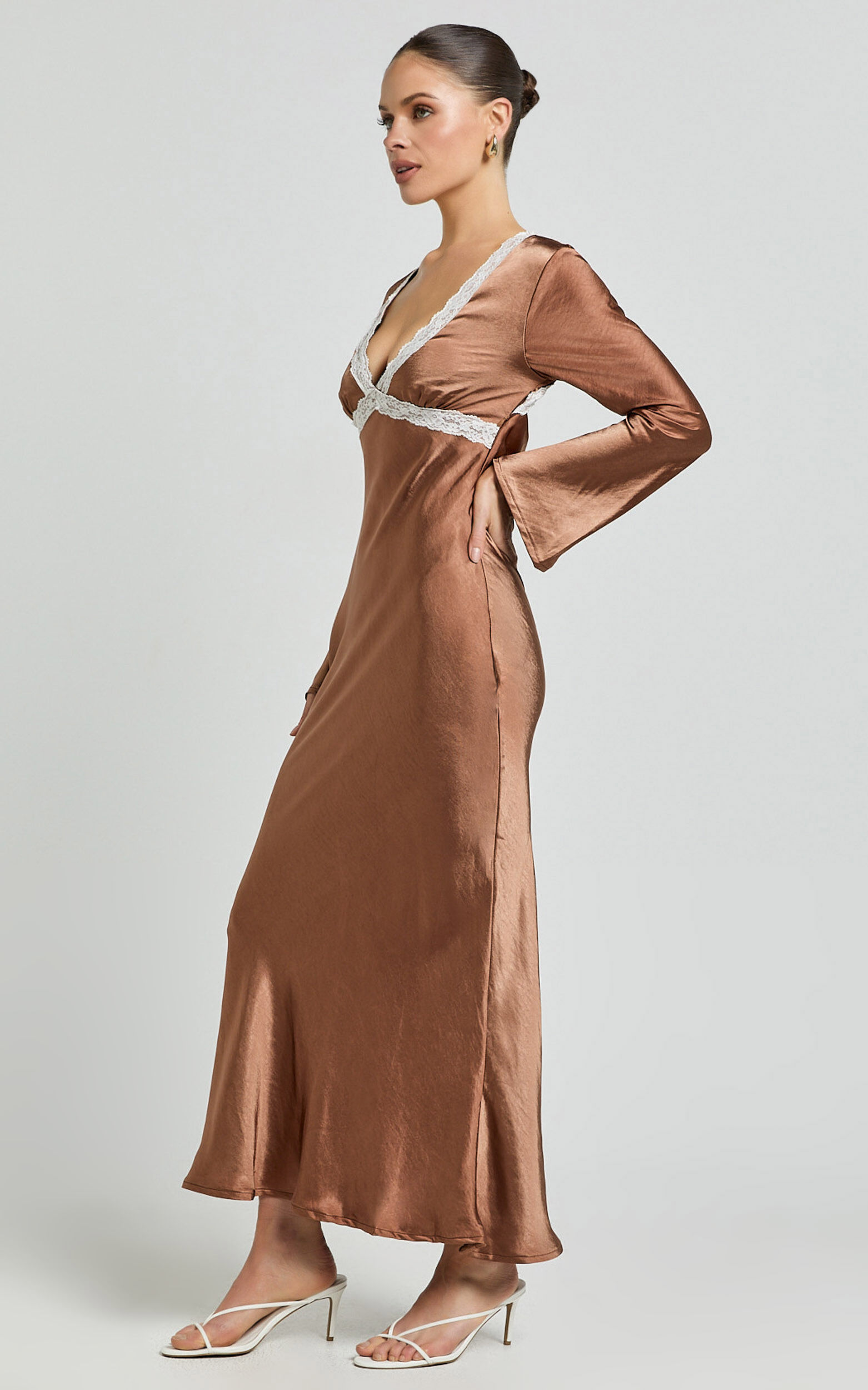 Carmela Midi Dress - Long Sleeve V Neck Lace Detail Dress in Chocolate