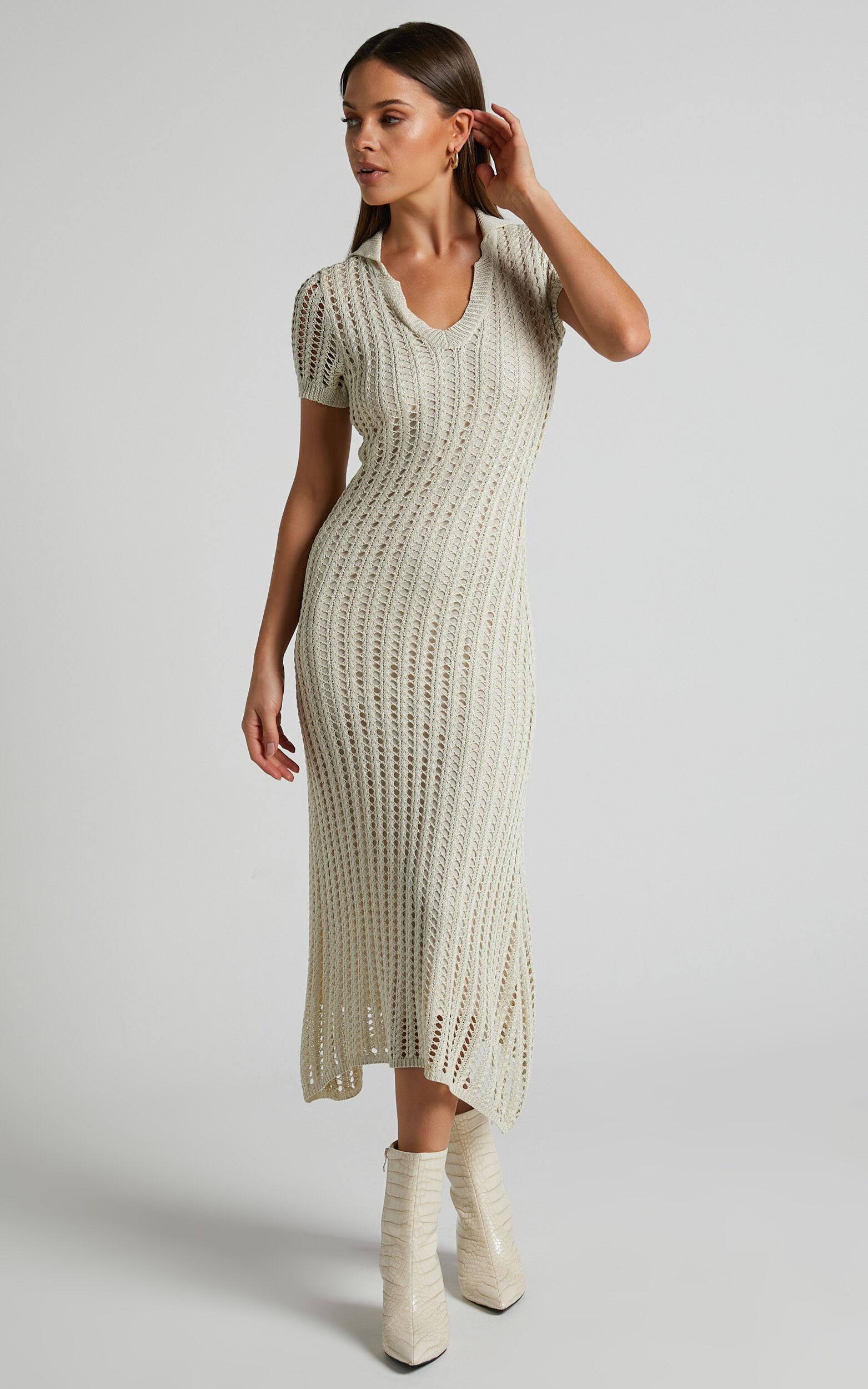 Jolie Midi Dress - Crochet Collared Short Sleeve Dress in Cream
