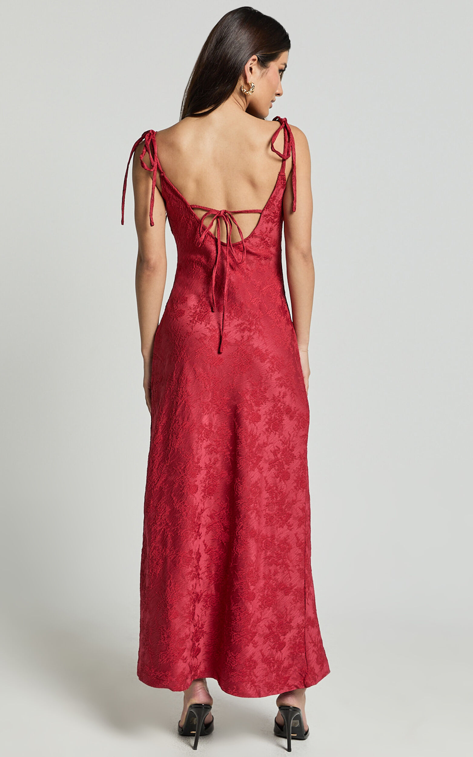 Romarie Maxi Dress - Tie Shoulder Backless Jacquard Dress in Red